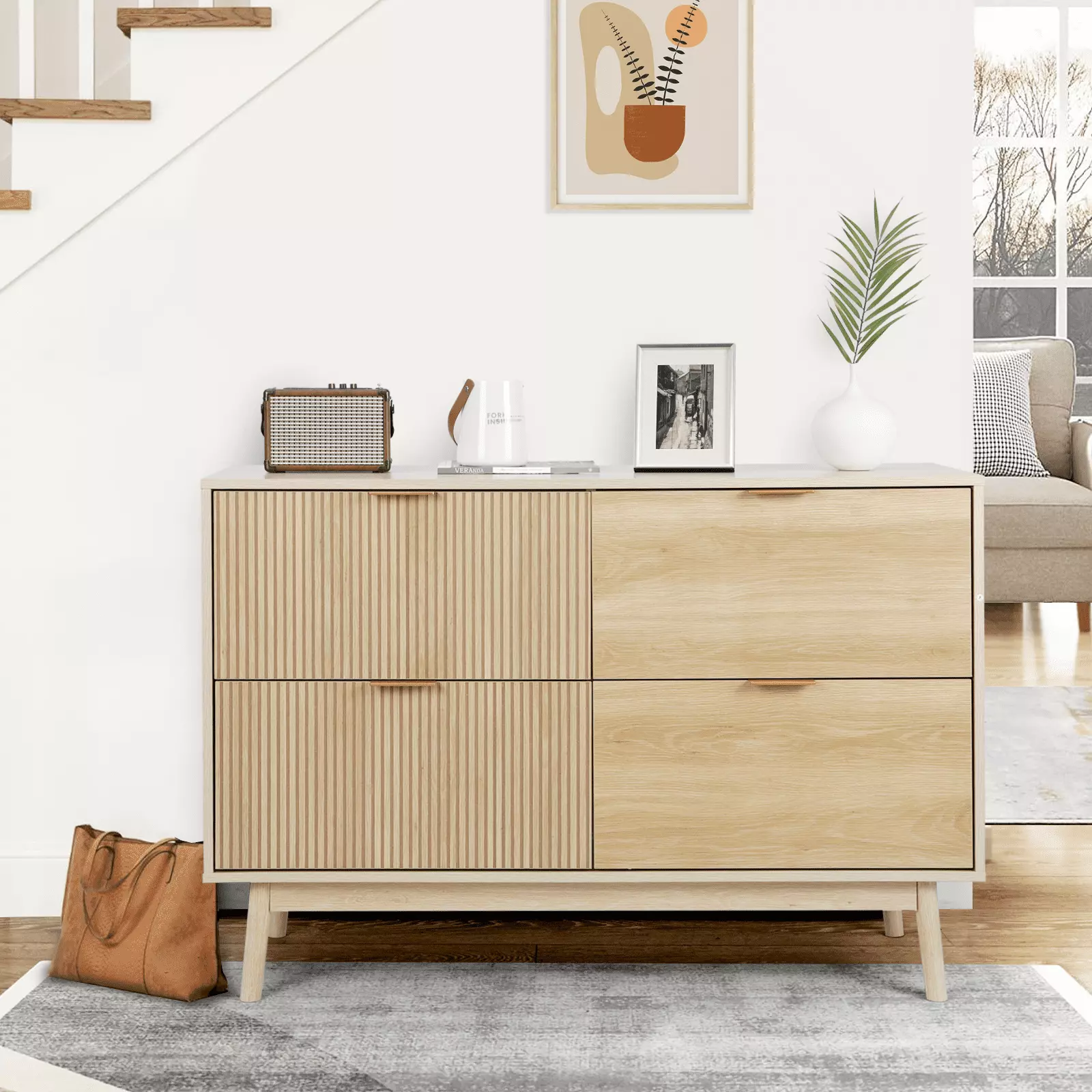 4-Drawer Dresser. Modern Closet Dressers with Wide Drawers and Metal Handles. Farmhouse Wood Storage Chest of Drawers for Bedroom. Living Room (Natural Oak)