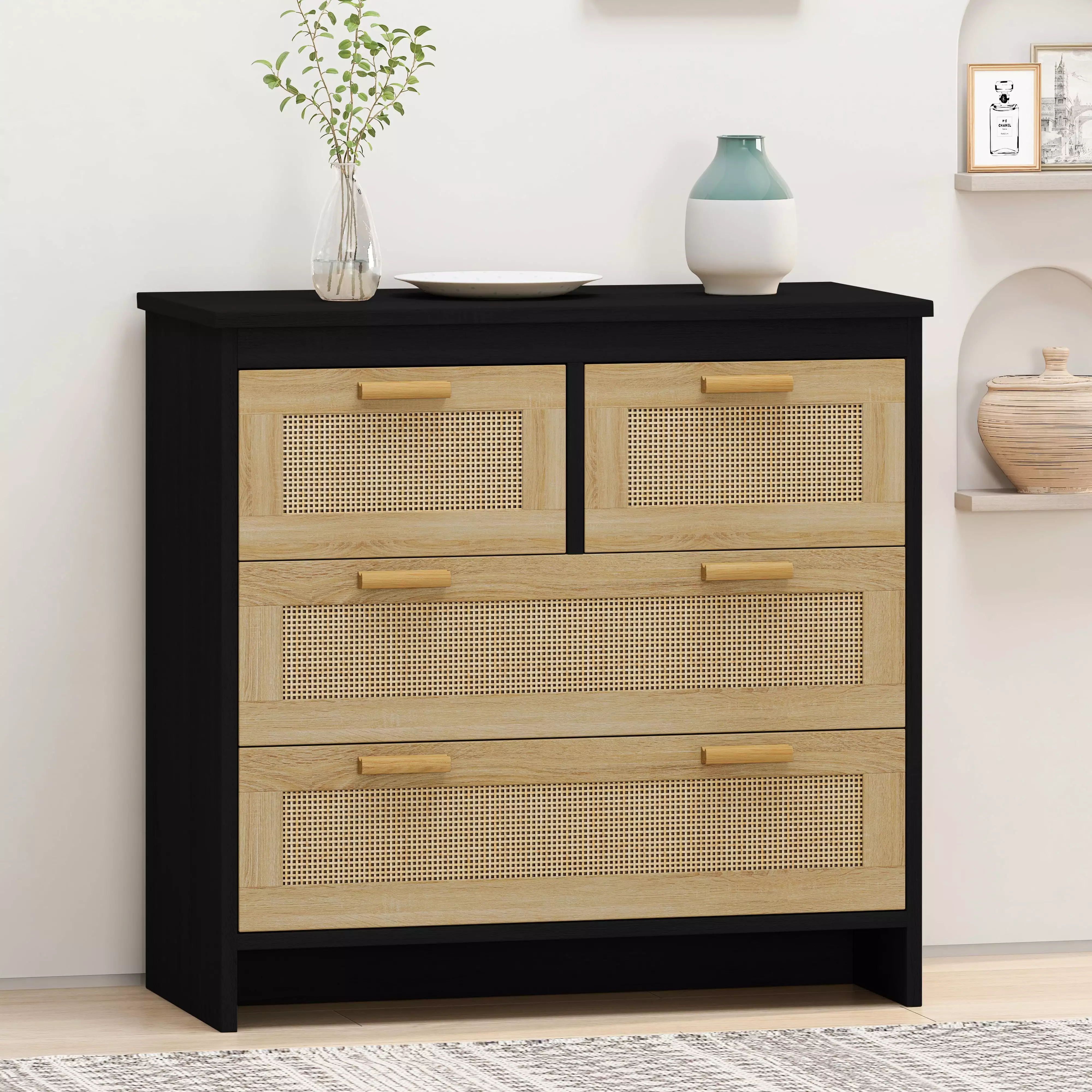 4 Drawer Rattan Dresser. Modern Dresser with Rattan Drawers. Wood Chest of Drawers for Bedroom Living Room