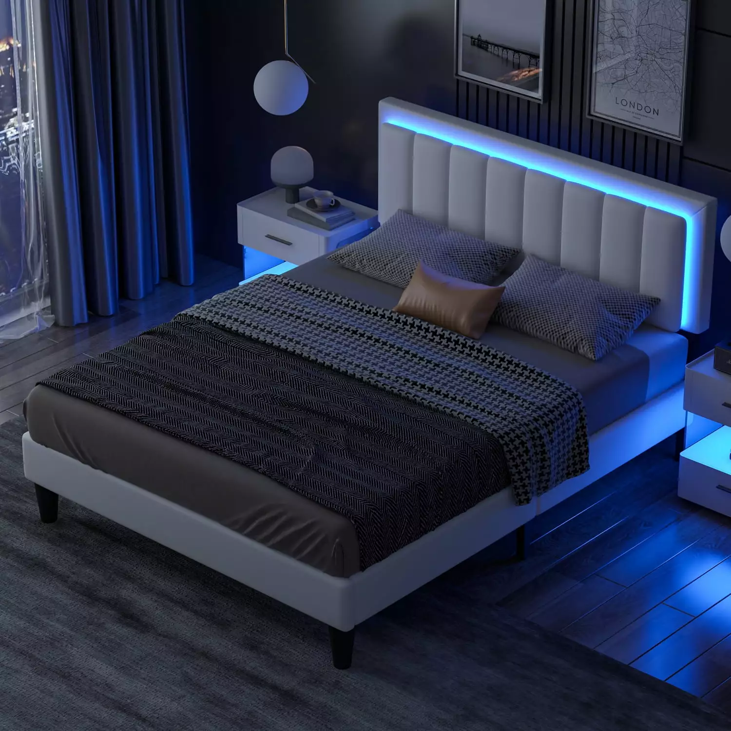 4 EVER WINNER LED Queen Size Bed Frame. White Queen Bed Frame with Led Light Headboard. PU Leather Upholstered Bed Frame. Black