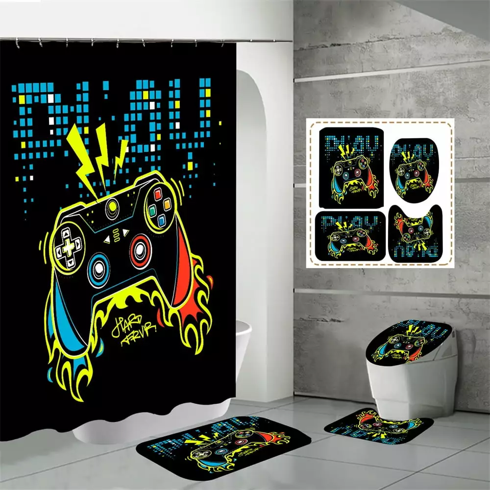 4 PCS Gaming Shower Curtain Set for Bathroom. Boys Gamer Bath Curtain for Kids Teens. Gamepad Controller Curtains with Rugs Bathroom Decor. Video Games Curtain Waterproof Fabric with Hooks