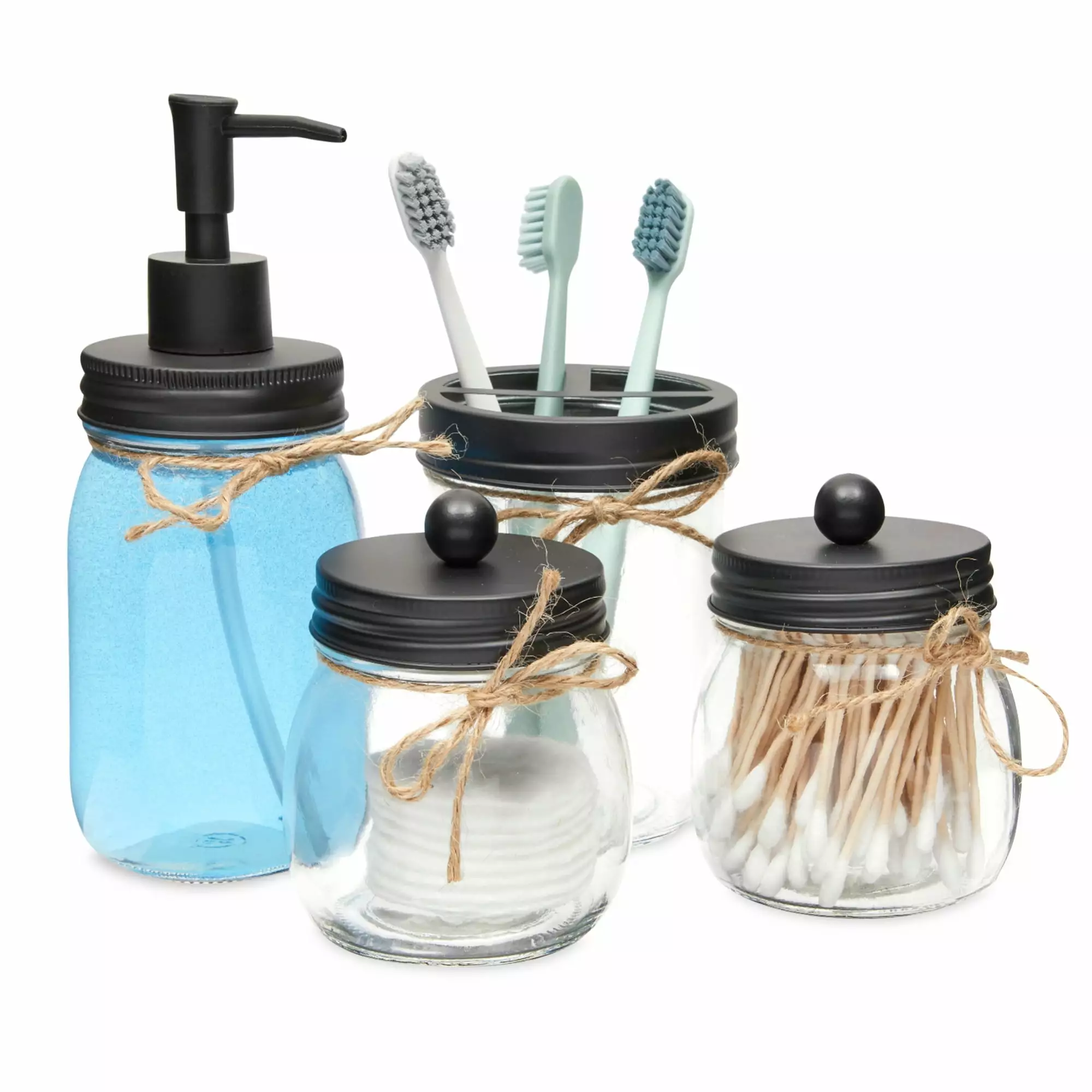 4 Piece Mason Jar Bathroom Accessories Set with Soap Dispenser. Toothbrush Holder. Farmhouse Themed