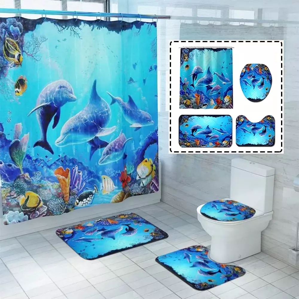 4-Piece Ocean Bathroom Shower Curtain Set Dolphin Themed Bathroom Decor Set Waterproof Shower Curtain for Bathroom with 12 Hooks and 3Pcs Toilet Cover Mat Set for Kids