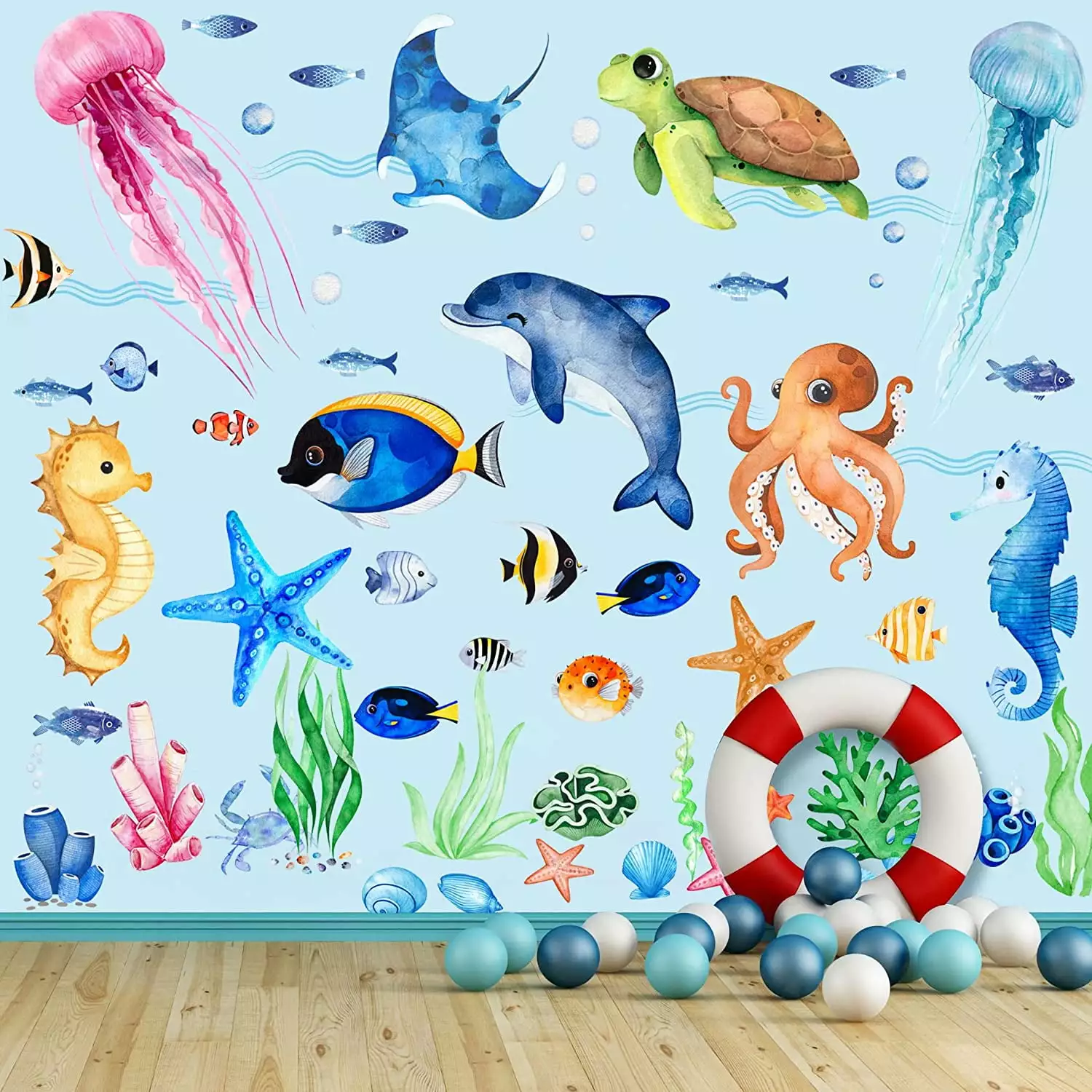 4 Sheets Ocean Fish Wall Decals Stickers Under The Sea Wall Decal Stickers Removable Sea Life Marine Animal Sticker Underwater Ocean Creatures Wall Decor for Kids