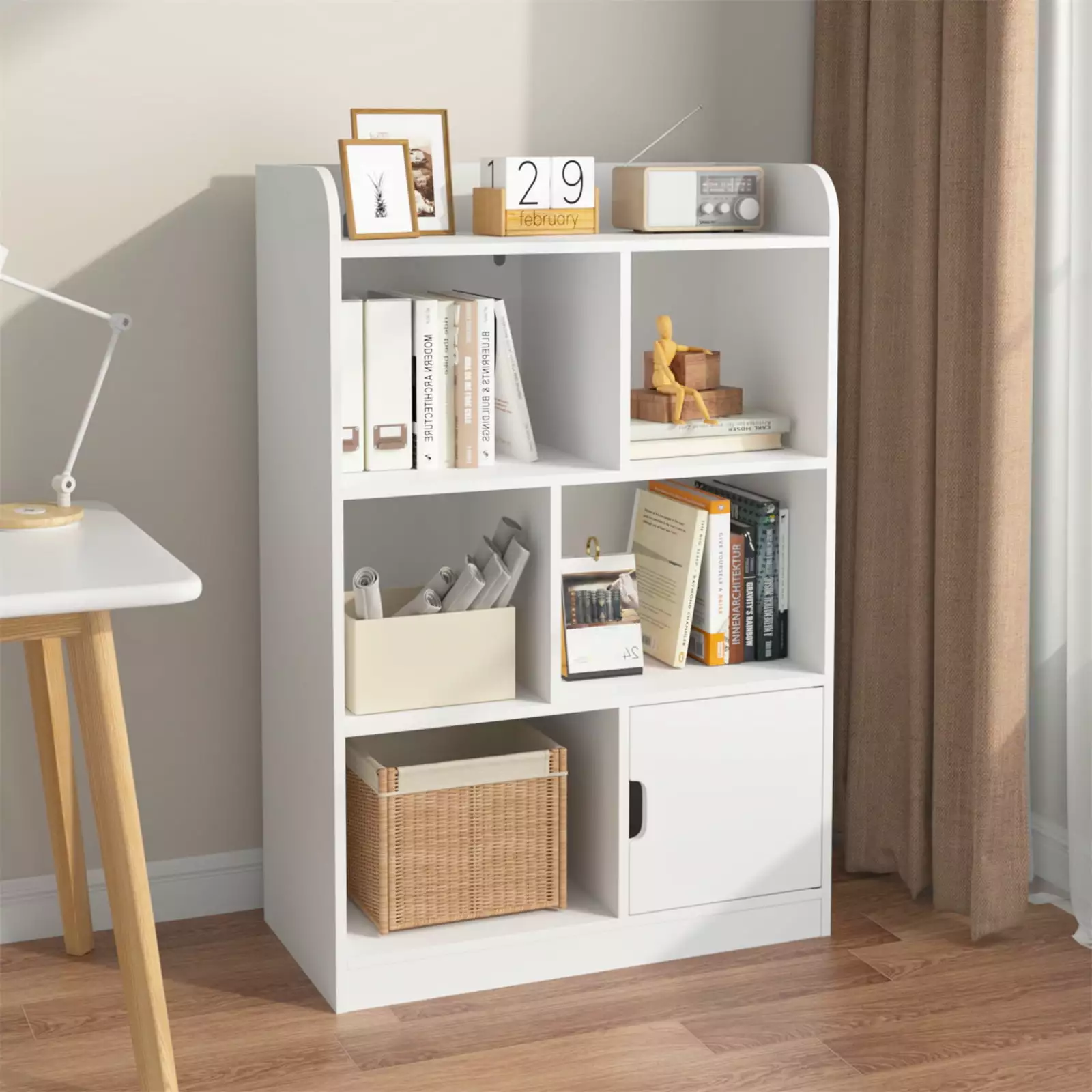 4-Tier Bookcase with Doors. Freestanding White Bookshelf with 3 Shelves. Display Cabinet with 6 Cubes Storage Cabinet Organizer for Bedroom Living Room Office Closet School White