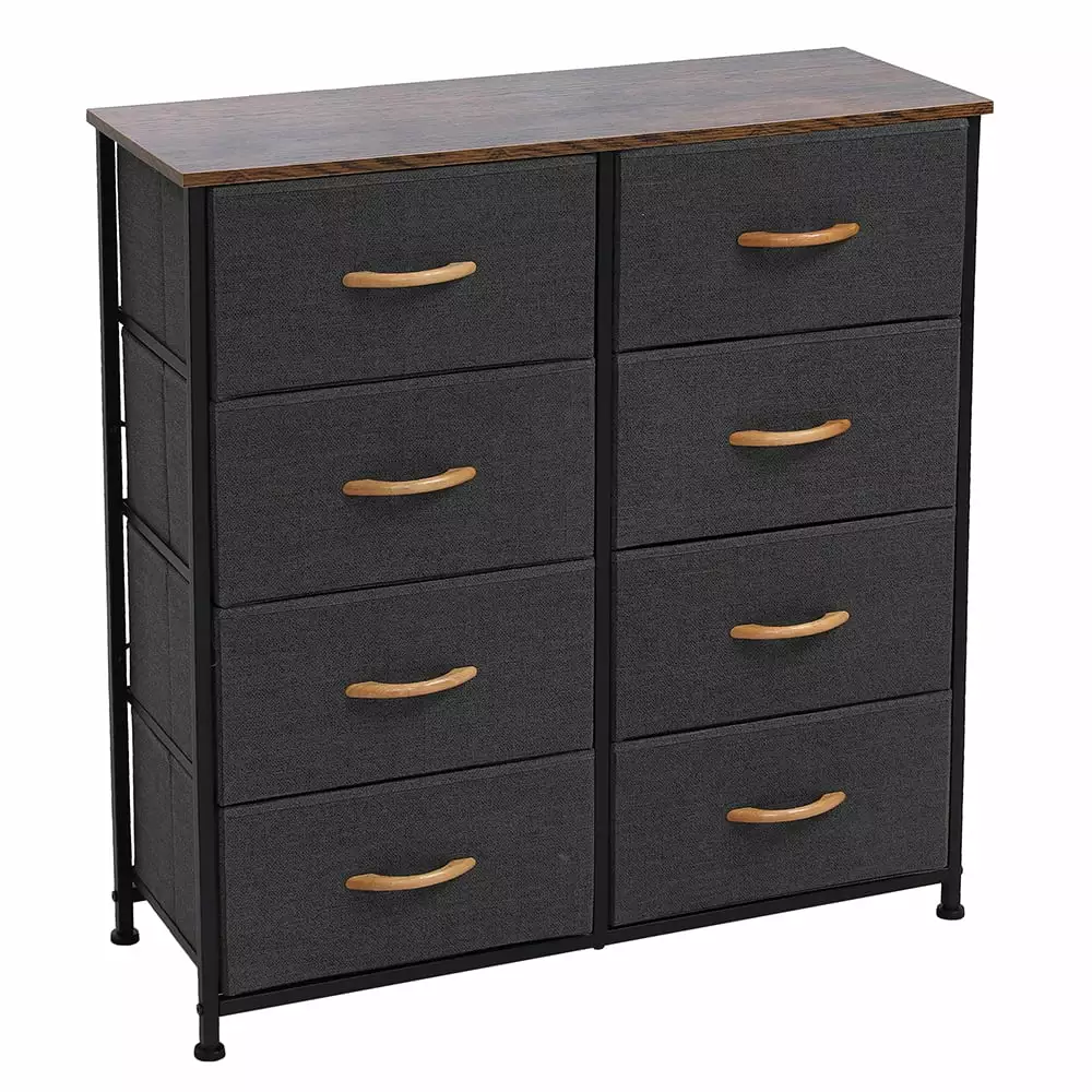 4 Tier Wide Drawer Dresser Storage Unit with 8 Easy Pull Fabric Drawers and Metal Frame Wooden Tabletop for Closets Nursery Dorm Room Hallway Gray (31.5 x 11.8 x 32.1)