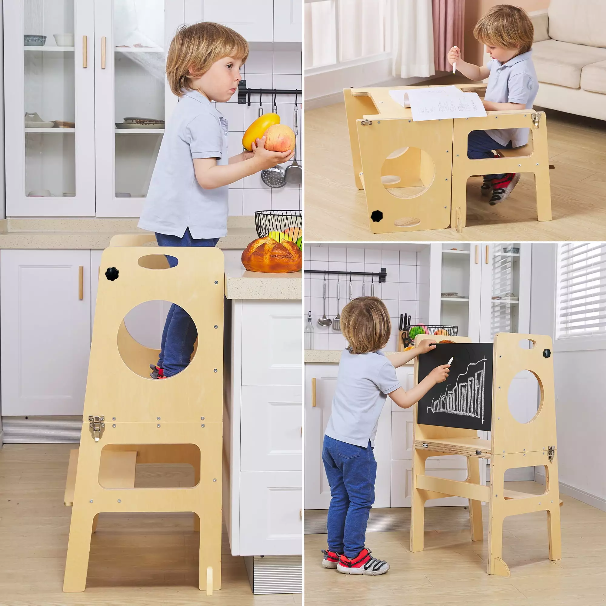 4-in-1 Study Tower with Chalkboard for Learning. Montessori Style Kitchen Step Stool Toddlers Folding Desk Table and Chair Set for Kids 1- 6years Ideal Helper