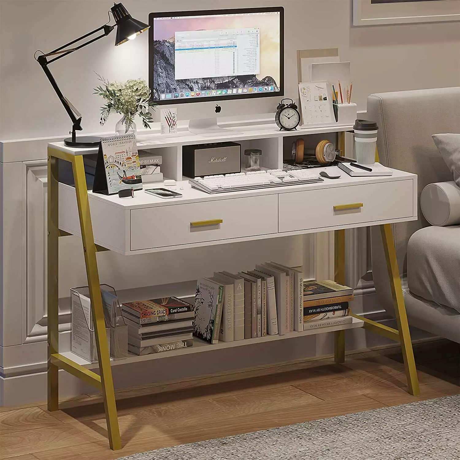 41 inches Computer Desk with 2 Drawers. Modern Metal Frame Home Office Study Writing Table Desk Workstation.White&Gold