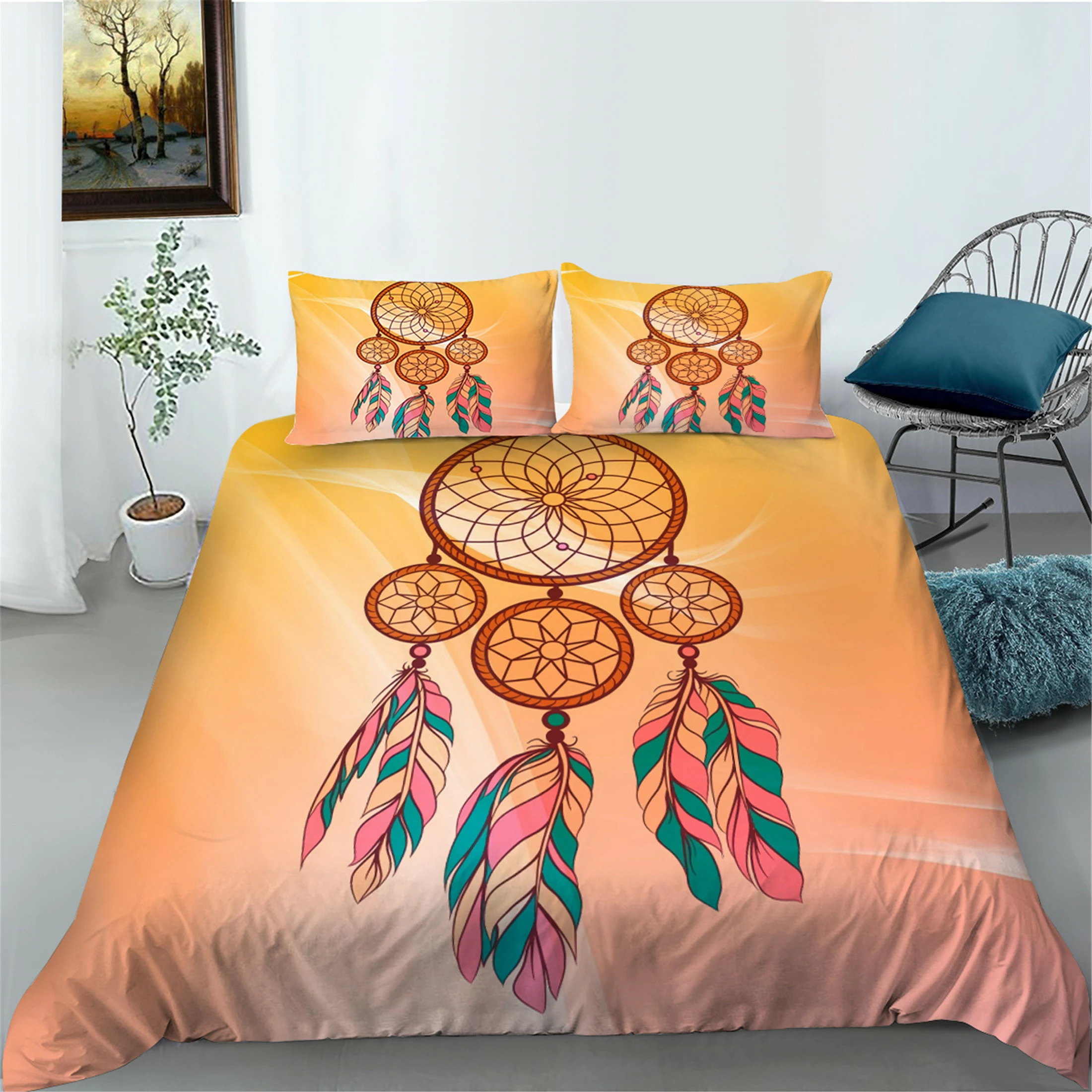 Dream Catcher Printed Polyester Home Bedclothes Orange Quilt Cover Set Hot Sale Bedding Cover Set.Twin (68x86)