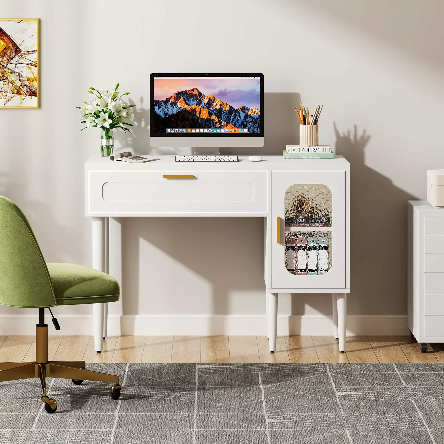 43 White Computer Desk with Large Drawers and 2-Tier Storage Cabinet. Modern Makeup Vanity Table for Bedroom.Dressing Room. Home Office