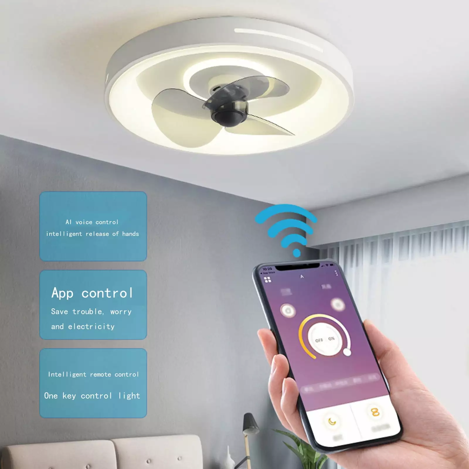 Vikakiooze 2023 Promotion on sale. LED Invisible Ceiling Fan With Light Modern Dimmable Ceiling Fan Light With Remote Control And APP Control For Bedroom Living Room Kitchen