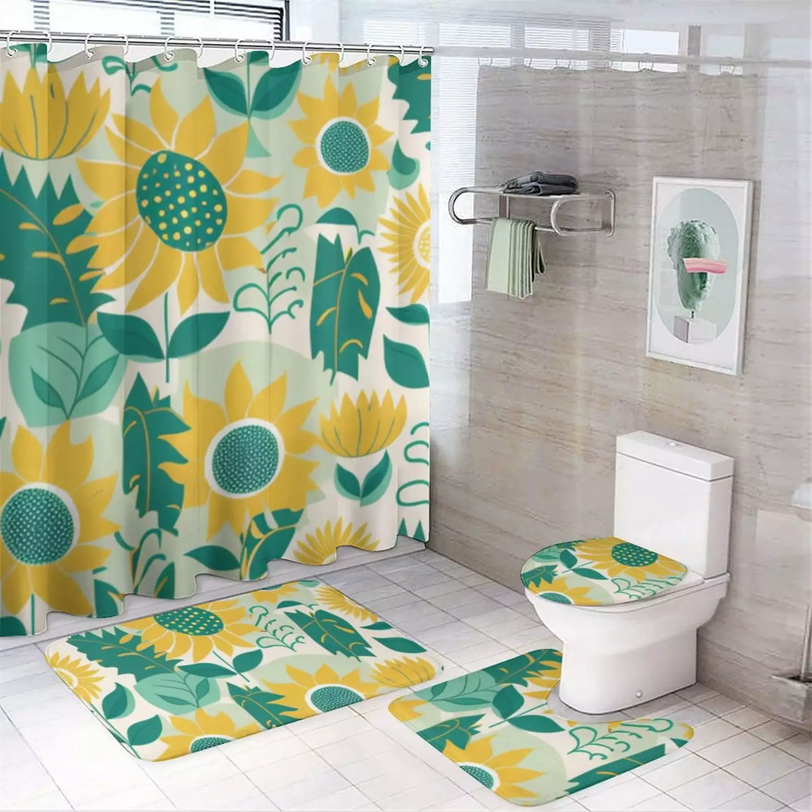 Green Fresh Flower Shower Curtain Set. Bathroom Four Piece Set Green