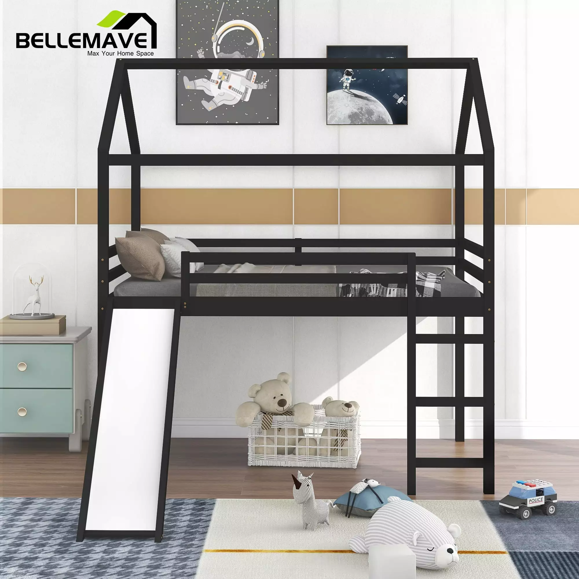 Bellemave Espresso Full Size Kids Loft Bed with Slide for Boys. Girls. Wood Kids House Loft Bed with Roof. Slide and Ladder for Kids. Teen. Bedroom