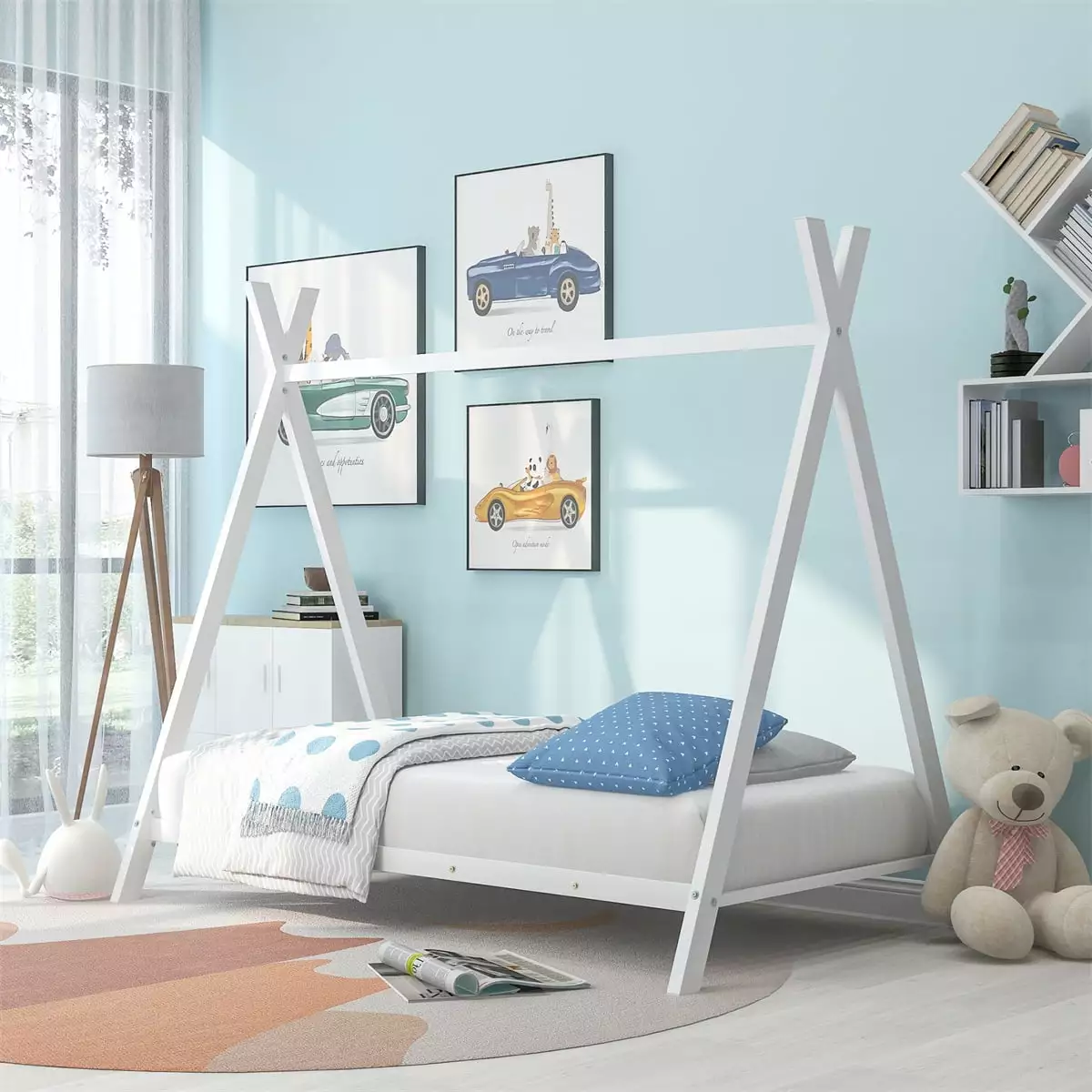 Modern Twin Size Toddler House Bed. Metal Floor Play House Bed Frame with Strong Slats for Kids Girls Boys Teens. Cute Tent Bed Frame for Bedroom Dorm. No Box Spring Needed. White