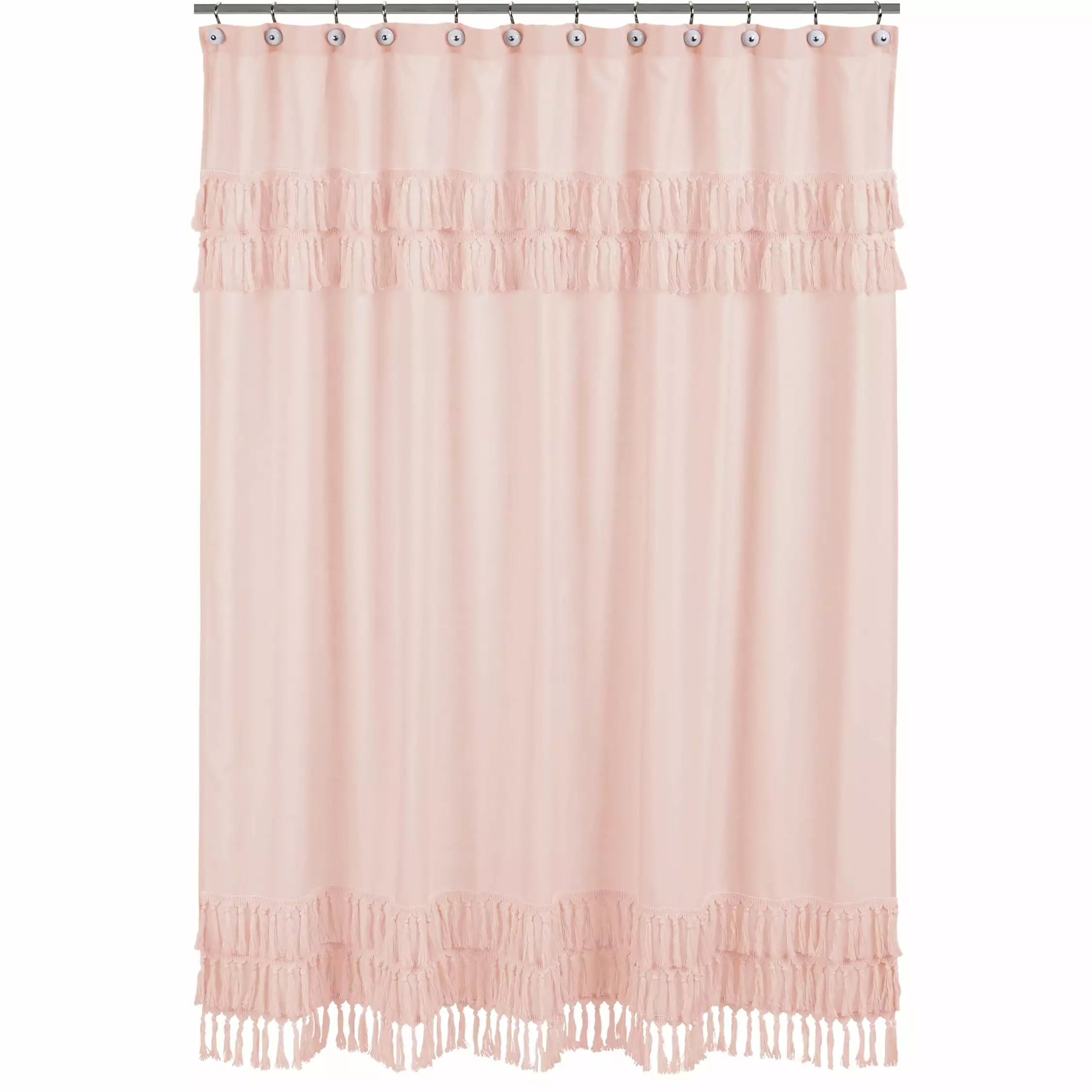 Sweet Jojo Designs Pink Boho Bohemian Bathroom Fabric Bath Shower Curtain - Solid Color Blush Shabby Chic Luxurious Luxury Elegant Vintage Designer Boutique Tassel Fringe