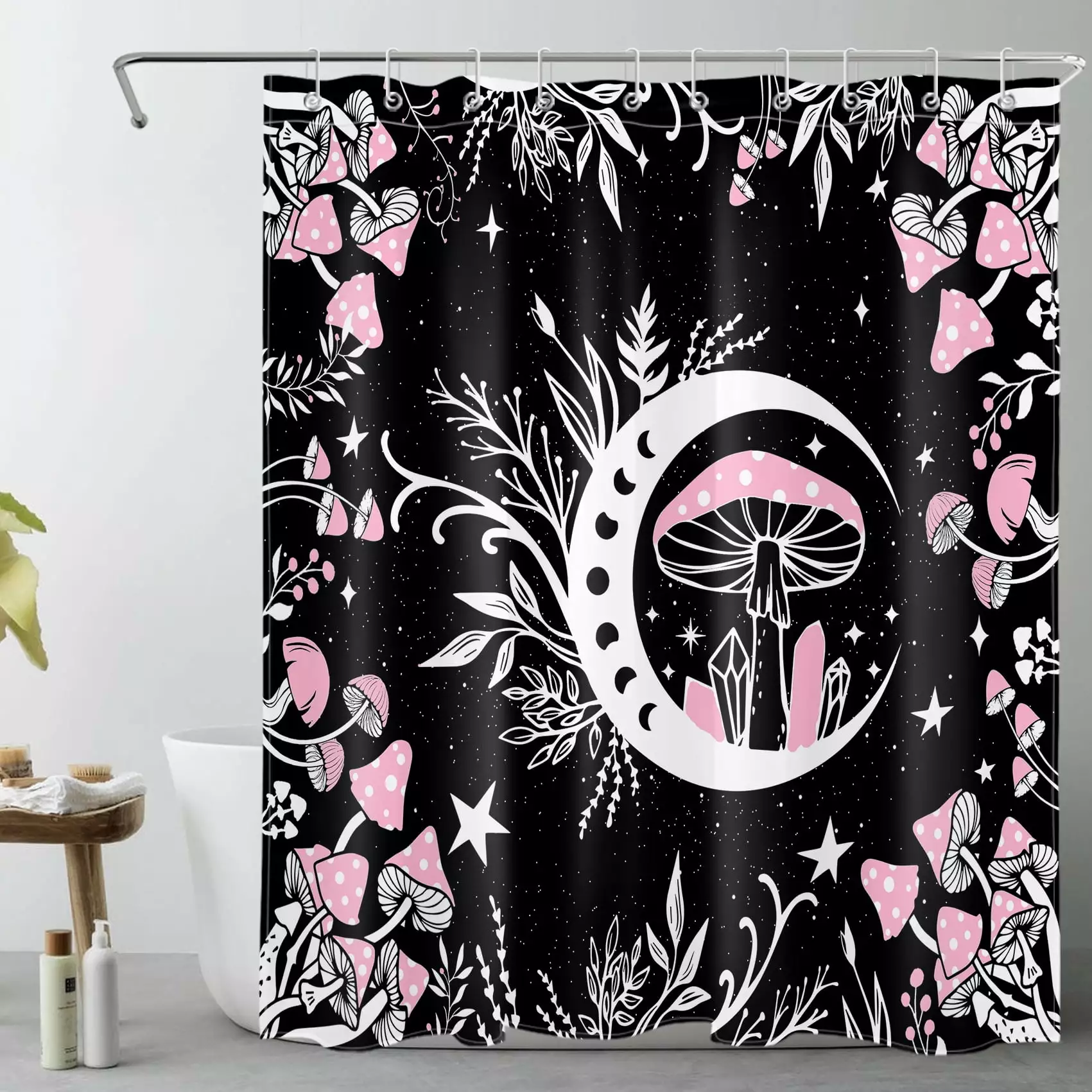 HVEST Moon Phase with Mushroom Shower Curtain for Bathroom.Black and White Nature Plant Leaf Fabric Shower Curtain with Hooks.Boho Country Vintage Bathroom Curtains Shower Set. 60x72 inches