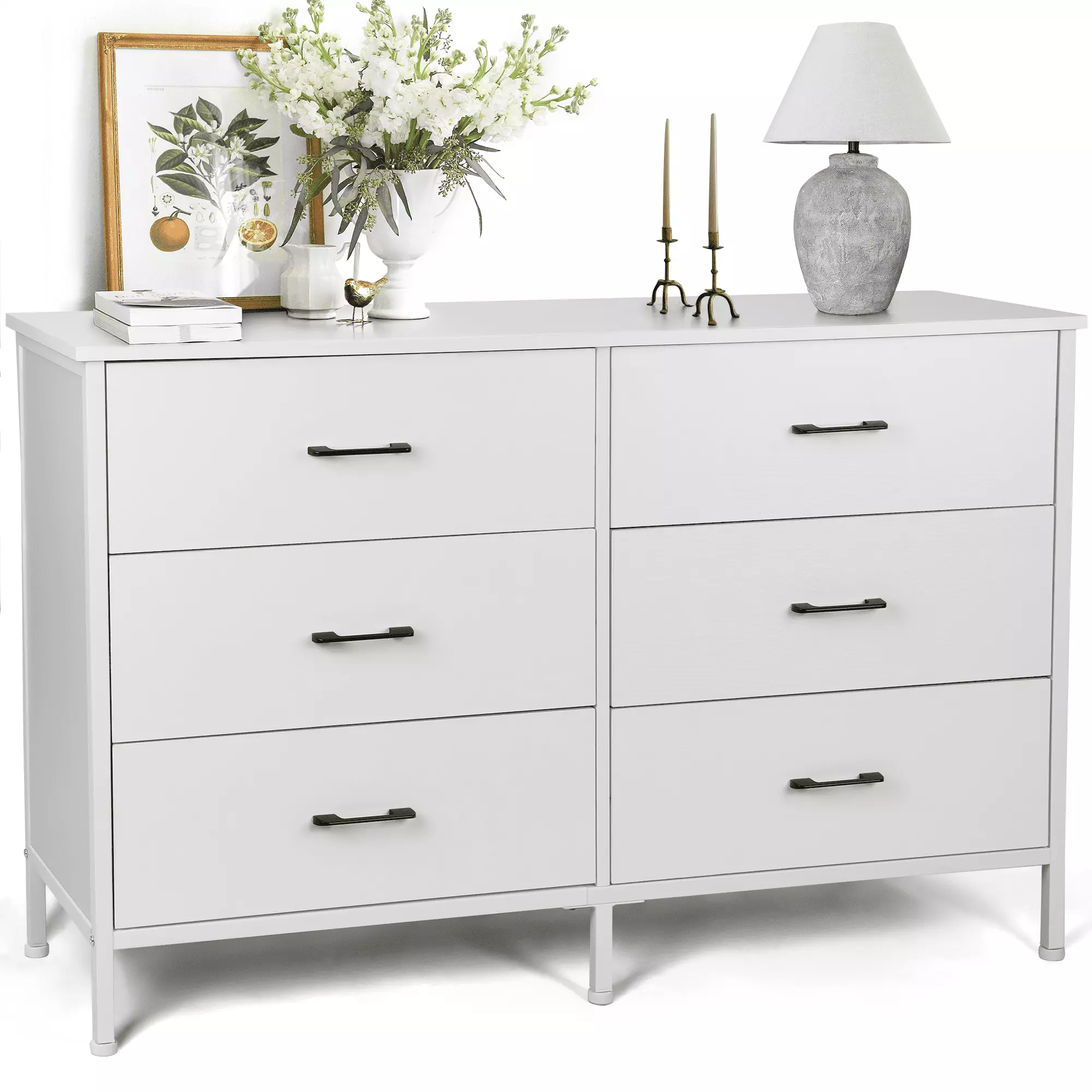 47.3'' Drawer Dresser Chest of 6 Drawers. Storage Dresser Tower for Bedroom. Living Room. Hallway. Nursery. White Storage Cabinet Wooden Dresser with Steel Frame. White