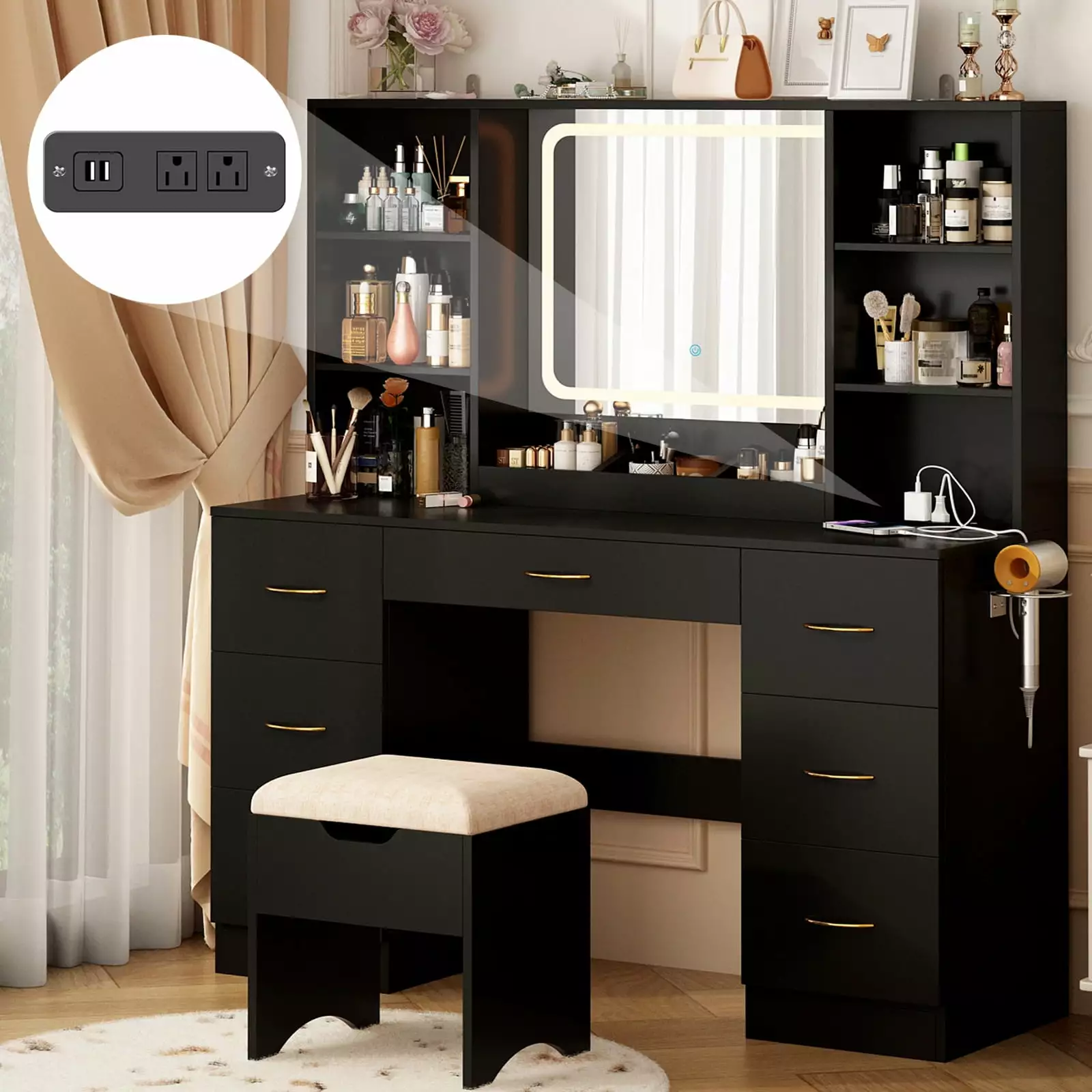 47 Large Vanity Desk with LED Lighted Mirror & Power Outlet & 7 Drawers. Makeup Vanity Table Set with Storage Stool and Hair Dryer Rack. Black