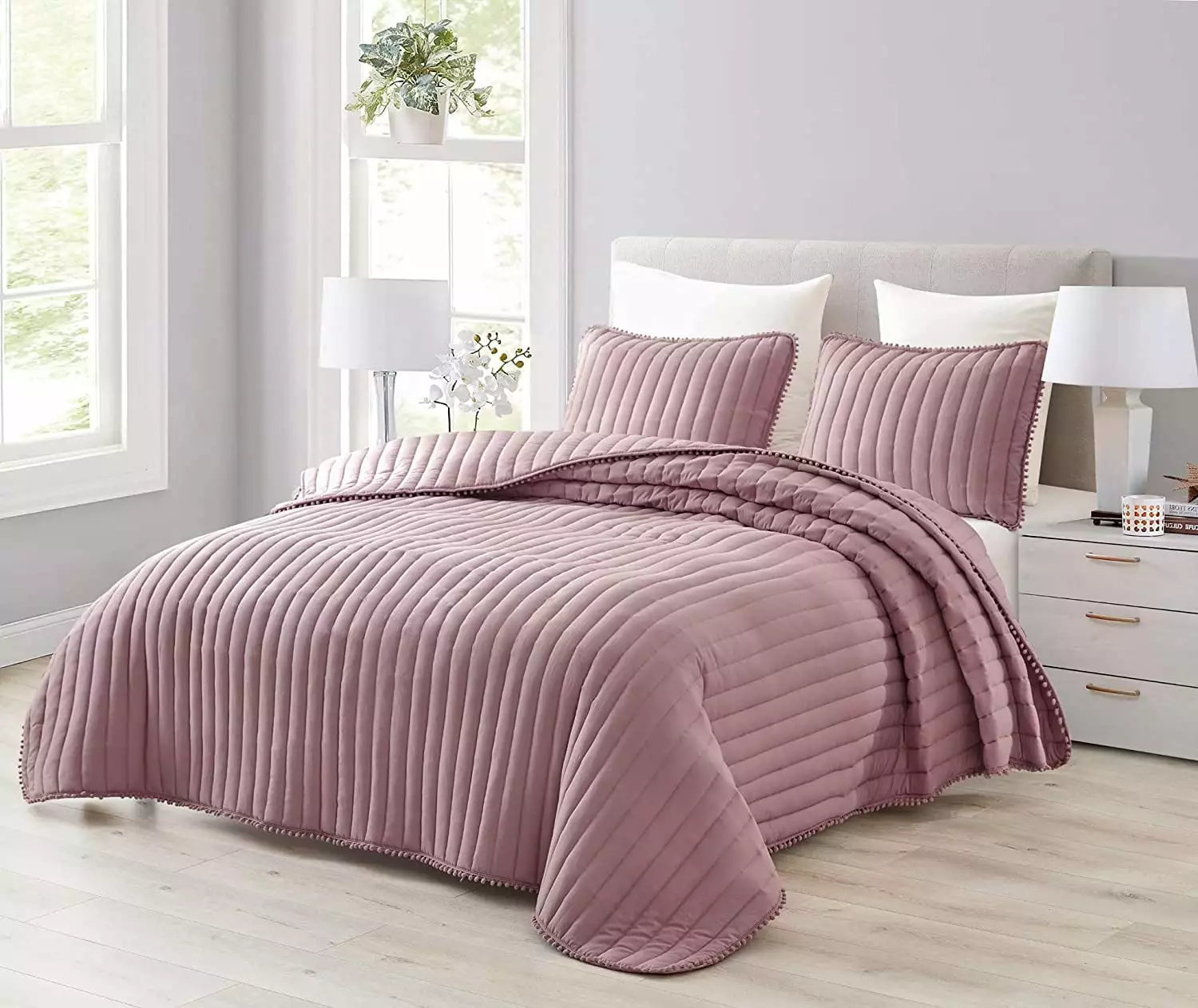 Chezmoi Collection Iris 3-Piece Channel Stitch Quilt Set. Pre-Washed Pom Poms Fringe Bedspread Coverlet. King. Woodrose