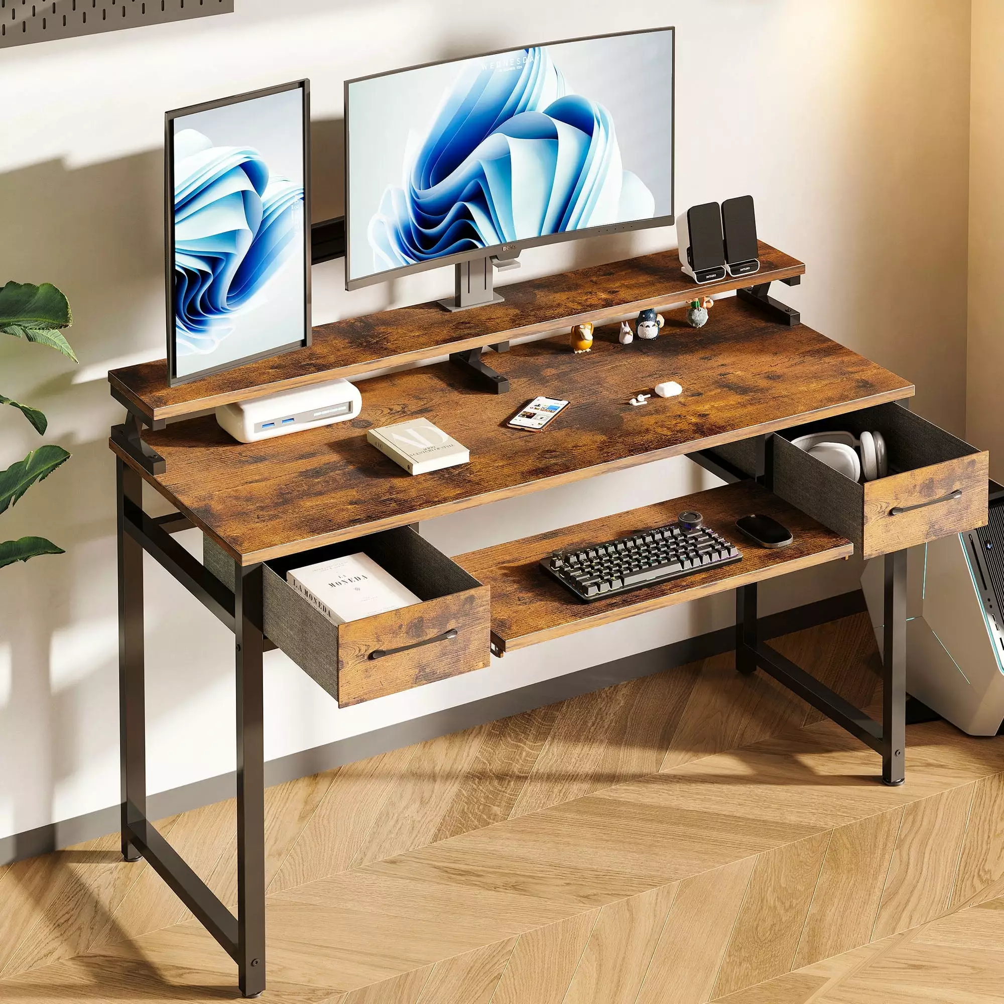 48 inch Computer Desk with Keyboard Tray. Modern Home Office Desk with Shelf & Drawers. Study Desk for Student. Rustic Brown