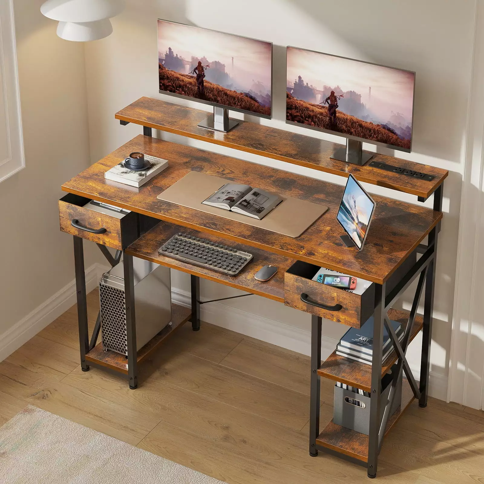 KKL 48 inch Height Adjustable Home Office Desk with USB Charging Port & Keyboard Tray. Writing Desk with Drawers