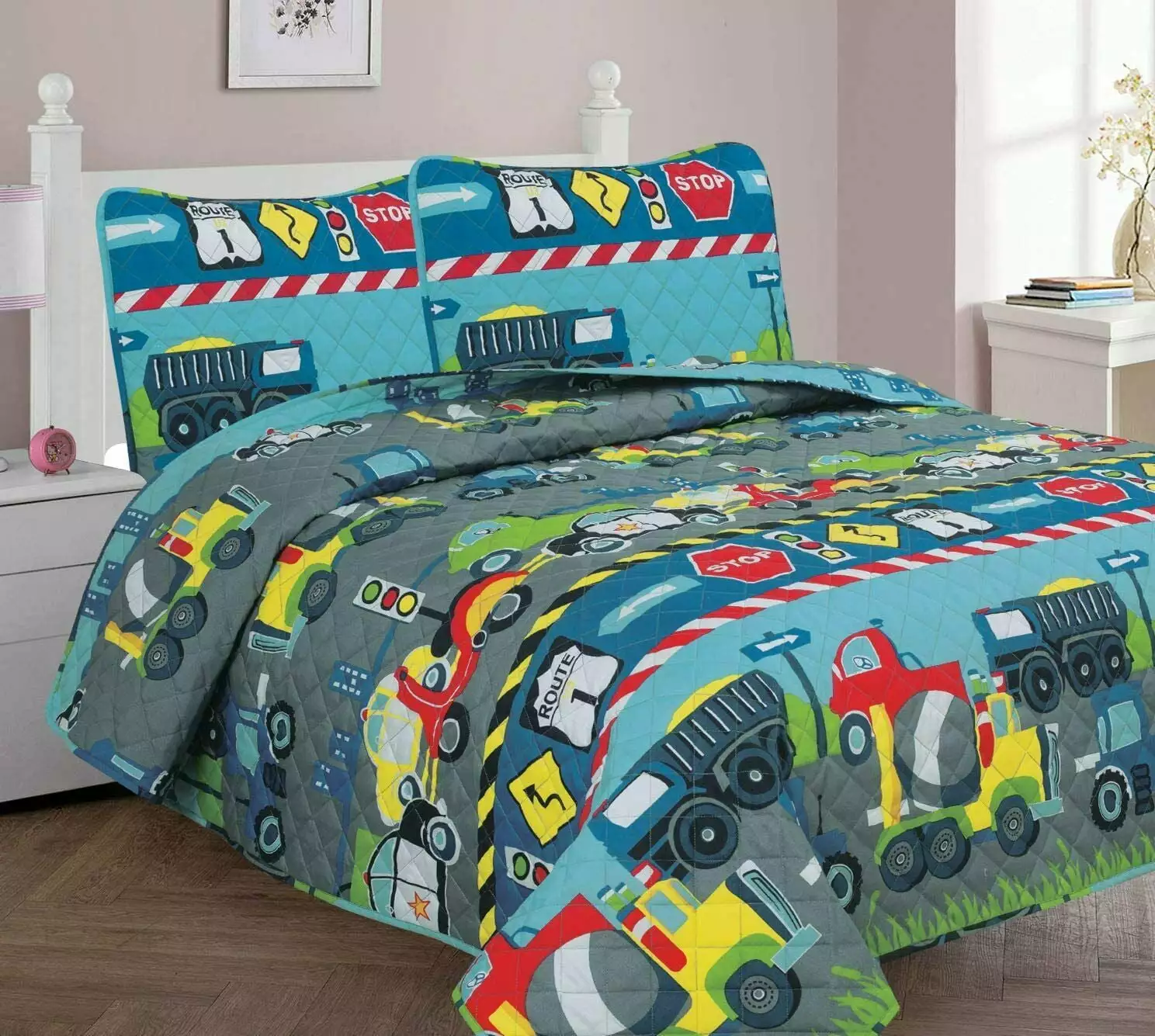 3-Piece Full Police Race Car Blue for Kids Microfiber Bedding Quilt Set. 1 Print Quilted Coverlet with 2 Matching Pillow Shams Included