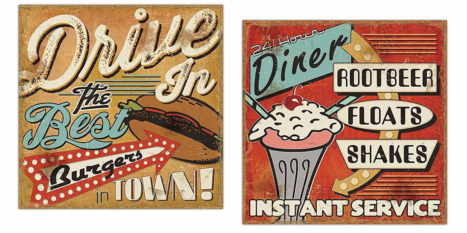 Red and Yellow Retro 50's Style Diner Signs Adult Kitchen Decor; 2 - 12 x 12 Unframed Posters