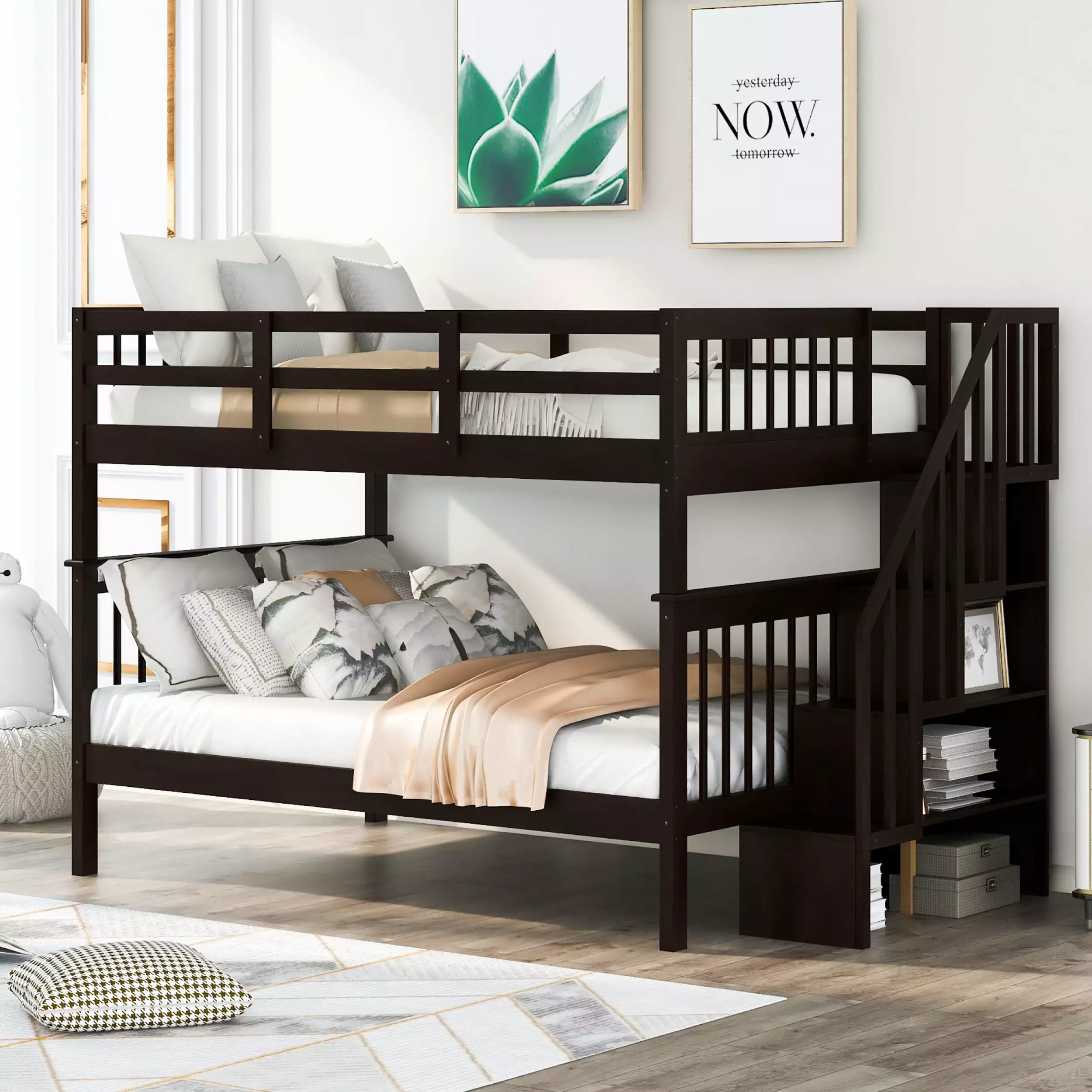 Stairway Full-Over-Full Bunk Bed with Storage and Guard Rail for Bedroom. Dorm. Espresso