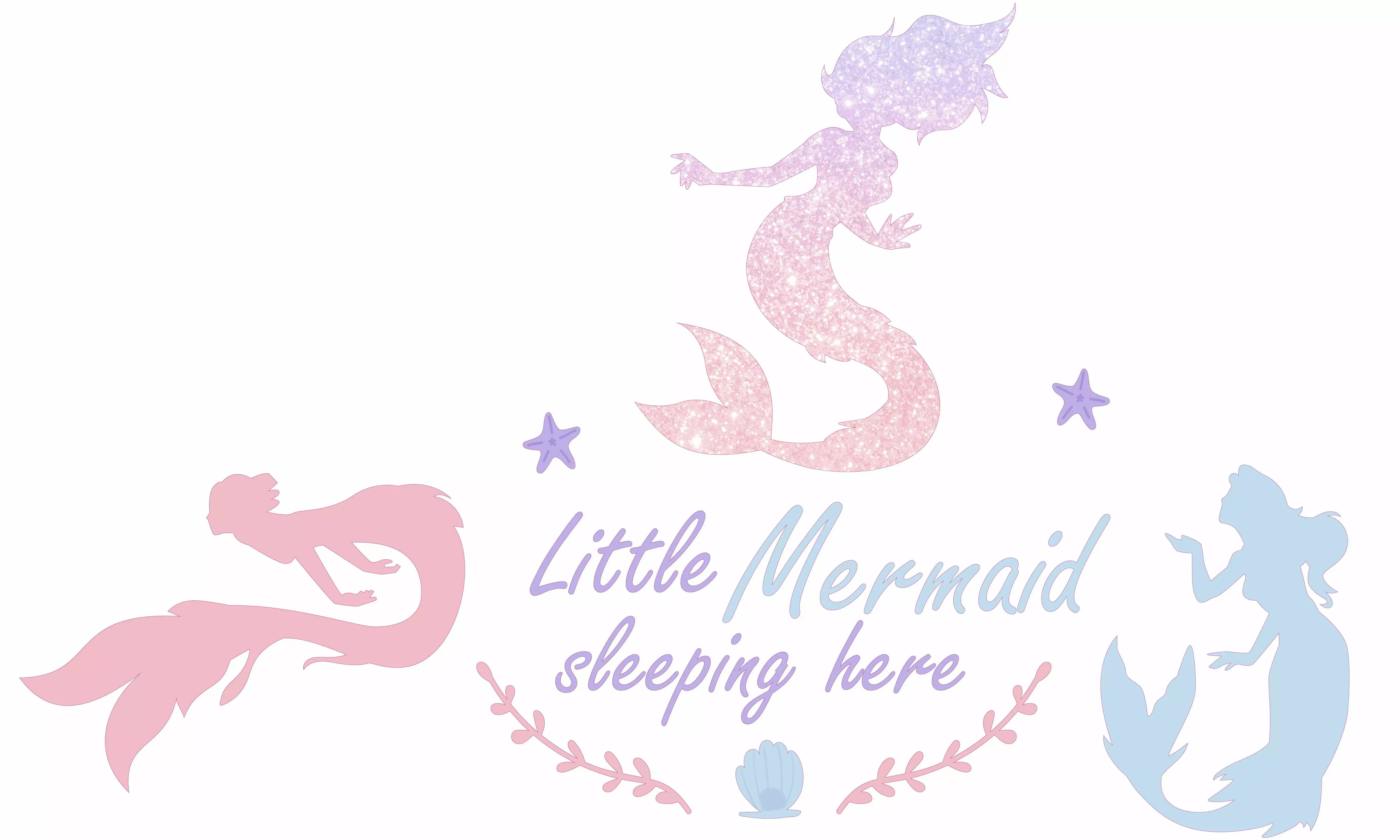 Colorful Mermaid Silhouettes With Glittered Effect Kids Girls Bedroom 12 x 20 Vinyl Wall Decoration Little Mermaid Sleeping Here Quote Design Star Fish & Clam Shells Wall Decal Sticker