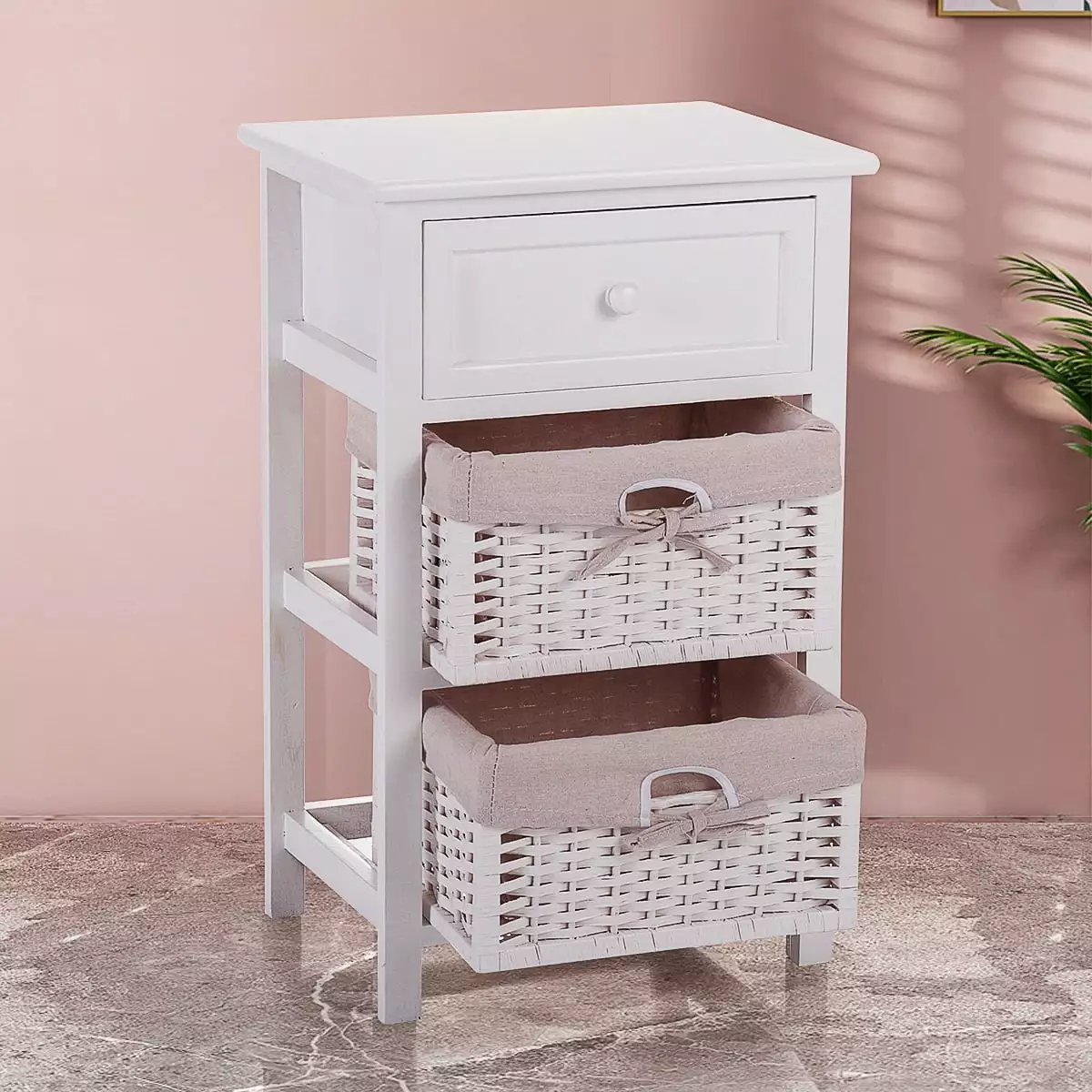 Private Jungle Night Stand 3 Tiers 1 Drawer Storage Bedside End Table Organizer Wood W/2 Baskets.White