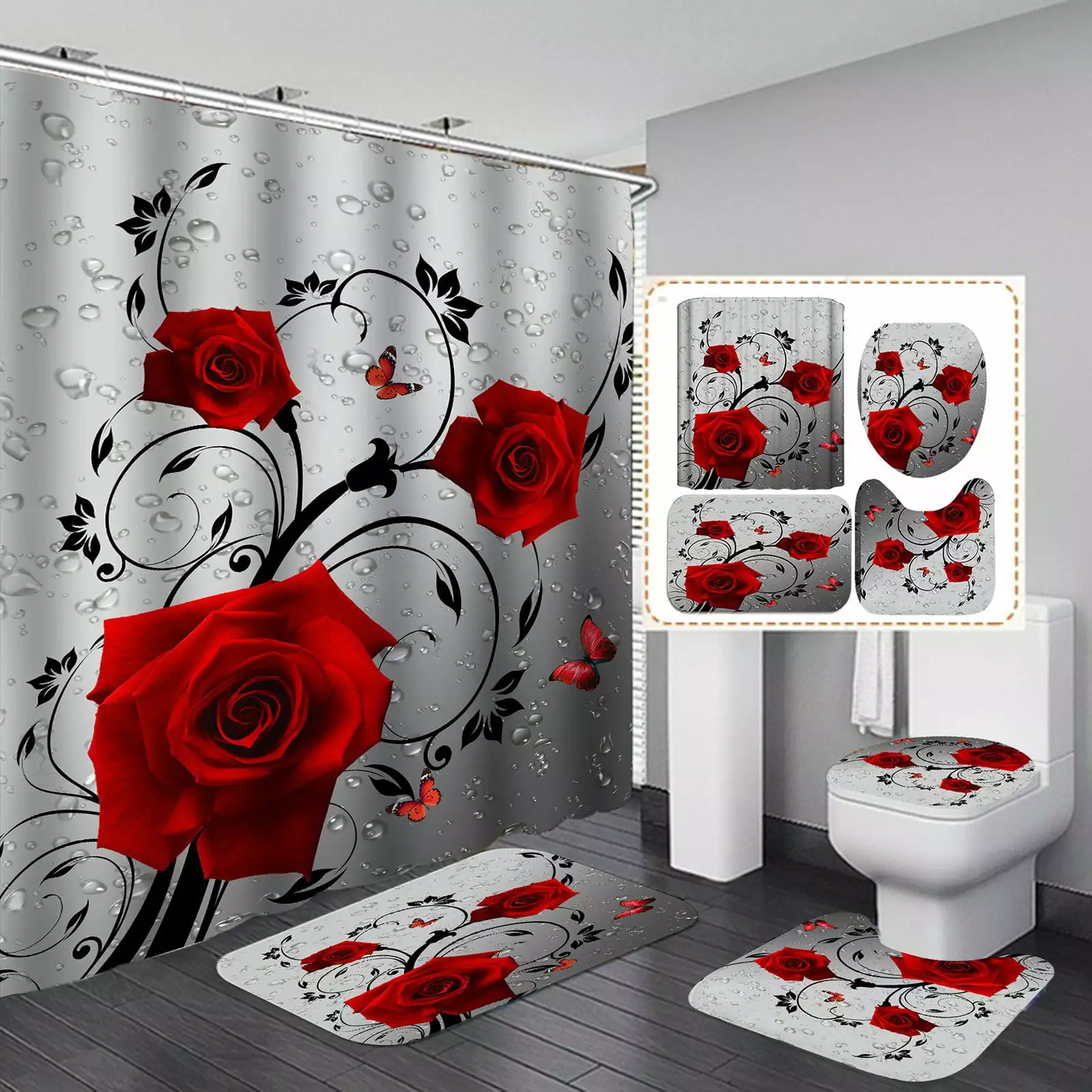 4PCS Red Rose Shower Curtain Sets.Polyester Waterproof Fabric Shower Curtain with Non-Slip Bathroom Rugs Set and 12 Hooks. 71x71in