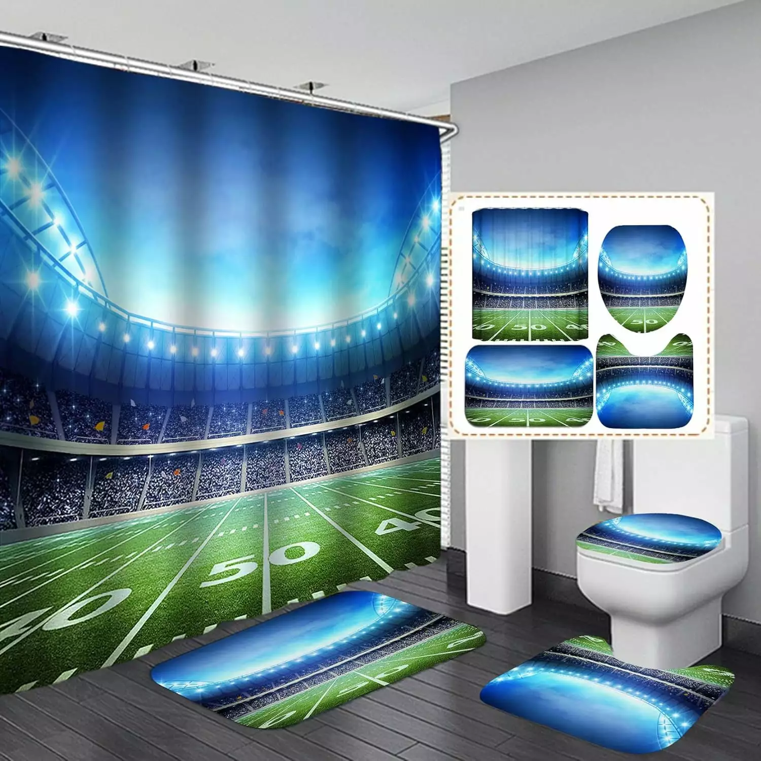 4PCS/Set Burning American Football Shower Curtain. Ice and Fire Championship Cool Sports Bathroom Decor for Men. Waterproof Fabric Black Shower Curtain. Non-Slip Bath Rugs. Flaming Ball