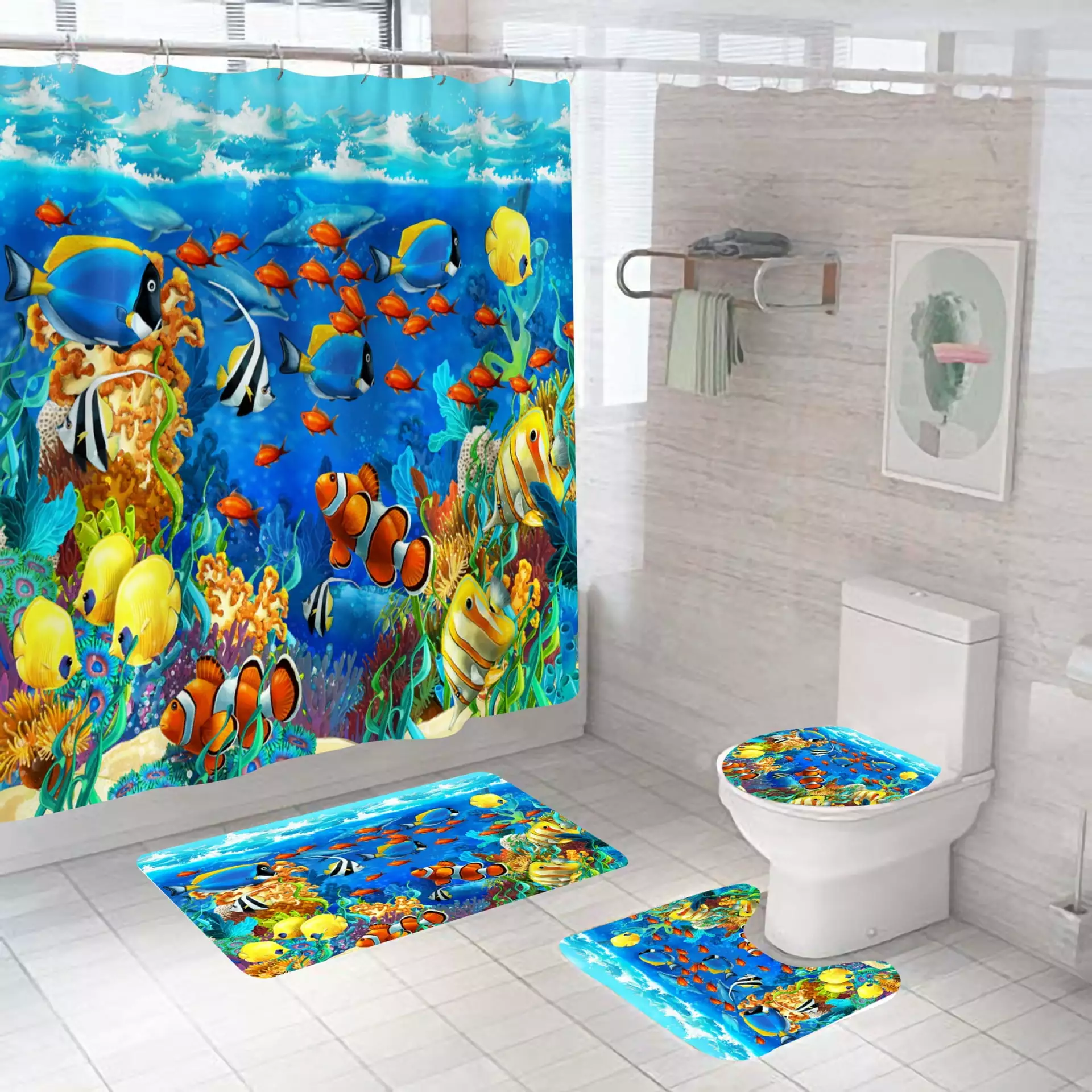 4PCS/Set Cute Dolphin Shower Curtain. Tropical Fish Jellyfish Coral Seaweed Marine Life Ocean Animal Bathroom Decor for Kids. Fabric Bath Curtain. Non-slip Bath Rug Toilet Mat Carpet. Blue Sea