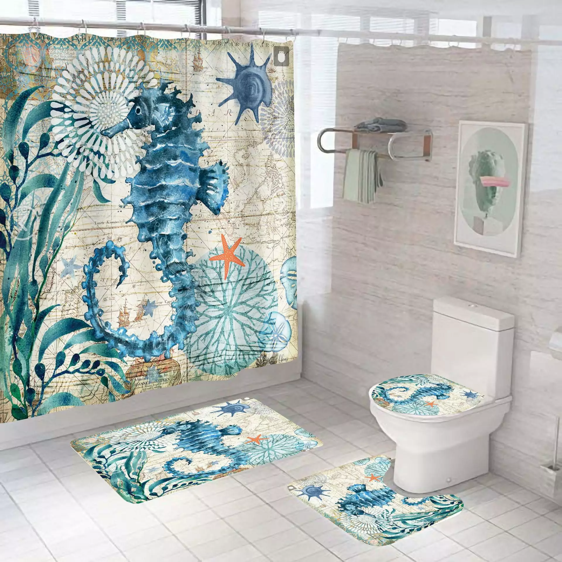 4PCS/Set Cute Dolphin Shower Curtain. Tropical Fish Jellyfish Coral Seaweed Marine Life Ocean Animal Bathroom Decor for Kids. Fabric Bath Curtain. Non-slip Bath Rug Toilet Mat Carpet. Blue Sea