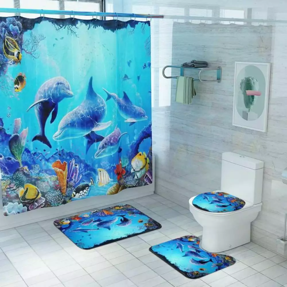 4Pcs Dolphin Themed Shower Curtain Set. Ocean Shower Curtain Set with Rugs and Mats Set. Ocean Bathroom Shower Curtain for Kids