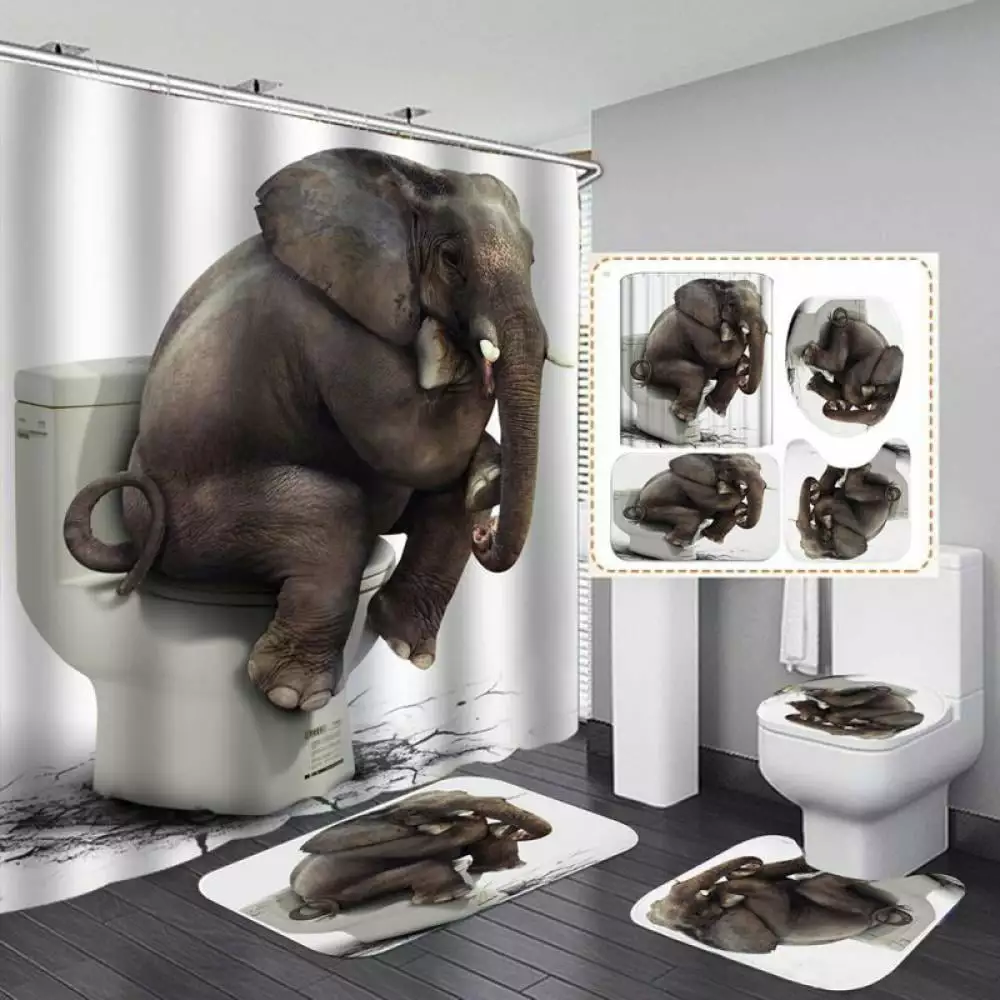 4Pcs Elephant in the toilet Shower Curtain Sets with 12 Hooks Bathroom Shower Curtain Toilet Mat Lid Rug.Bathroom Sets with Shower Curtain and Rugs and Accessories