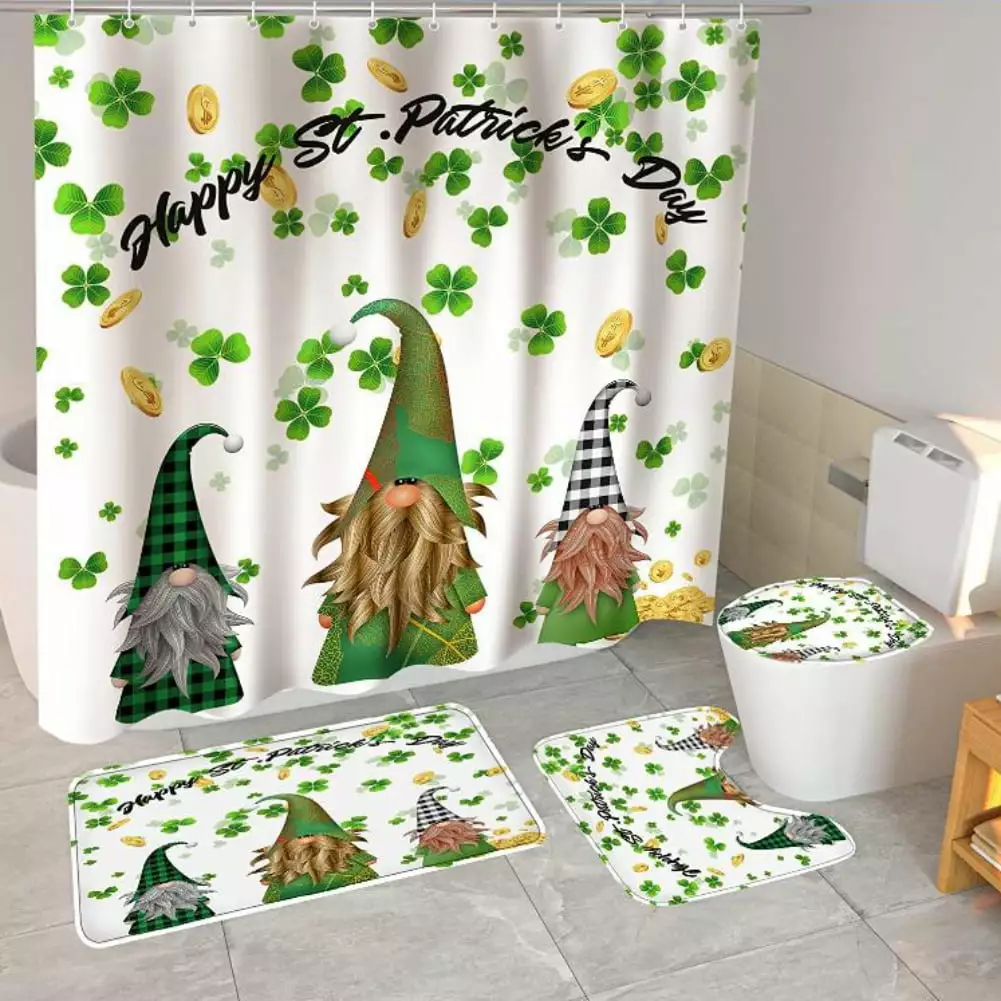 4Pcs Happy St Patrick's Day Shower Curtain Set Rustic Plank Holiday Green Gnomes Shamrock Clover Leaves Polka Dot Truck with 12 Plastic Hooks Fabric Waterproof Toilet Accessories Decor