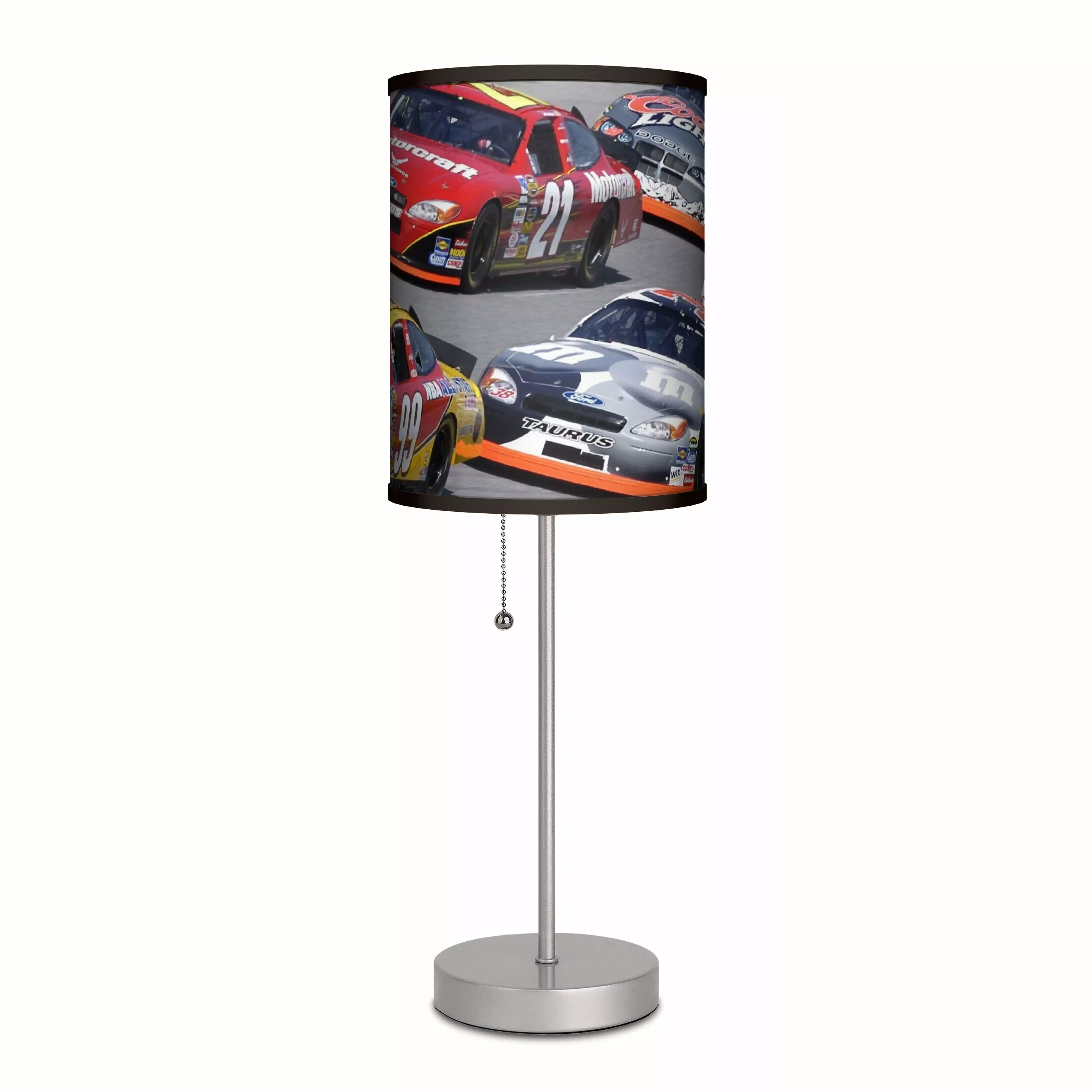 Lamp-In-A-Box Little Boys Race Cars Silver Table Lamp for Bedroom Home Decor. Blue. Children's Men Cave Printed Lamp Shades