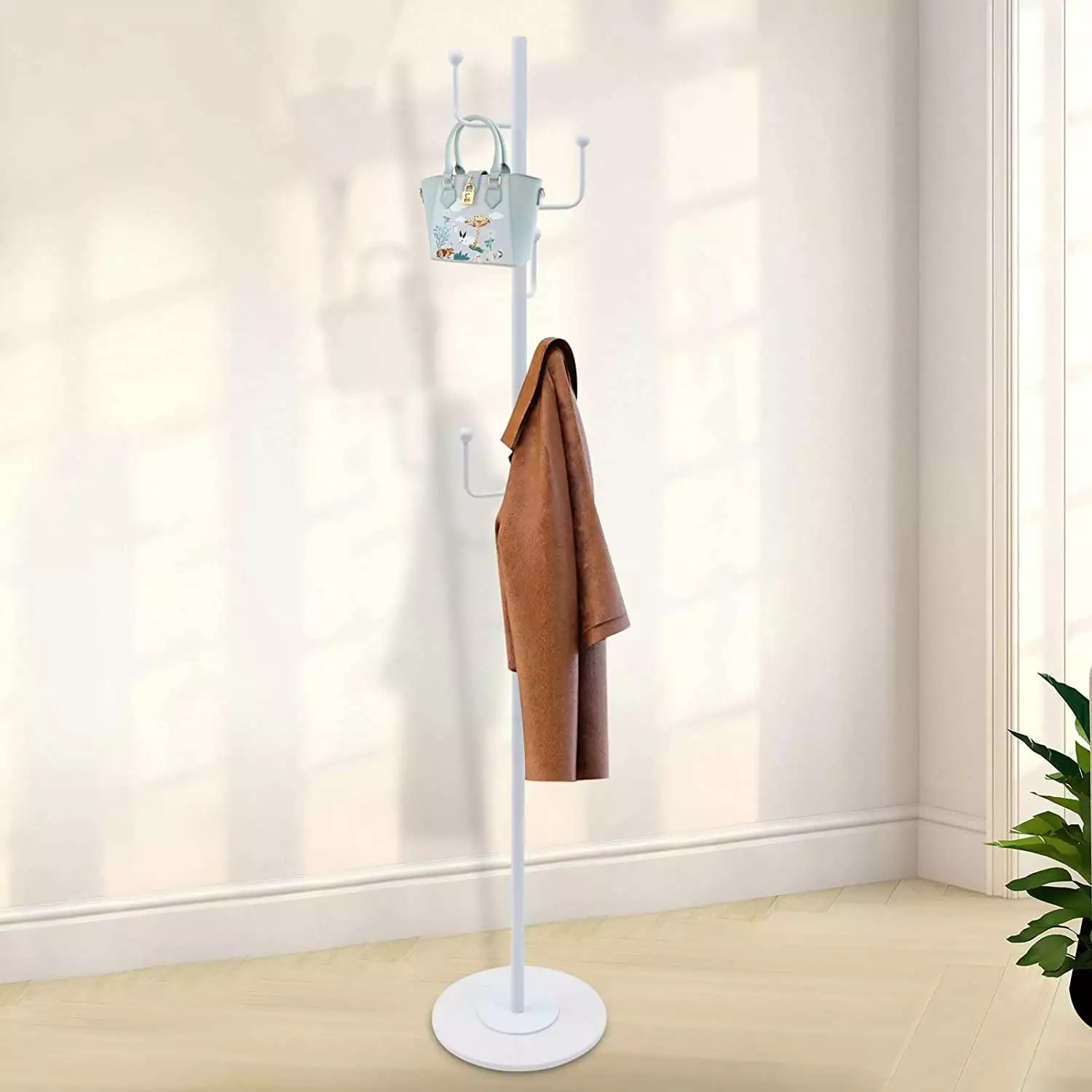 67-inch Modern Metal White Coat Organizer Stand Tree Clothes Hanger Umbrella Holder 6 Hooks for Bedroom. Office