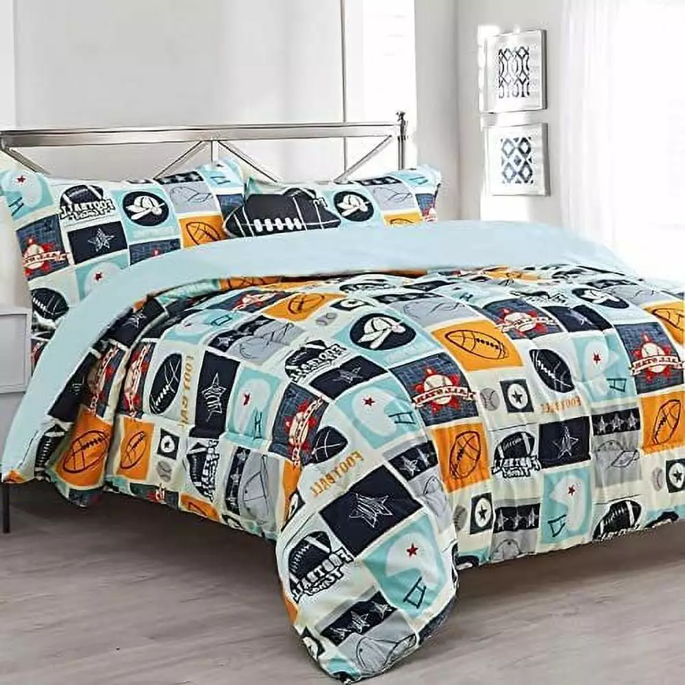 4pc Full Size Kids Boys Teens Comforter Set w/Sham & Decorative Toy Pillow. Sports Baseball Football Teens Boys Kids Comforter Bedding Set. 4pc Comf. F. Sports Squares