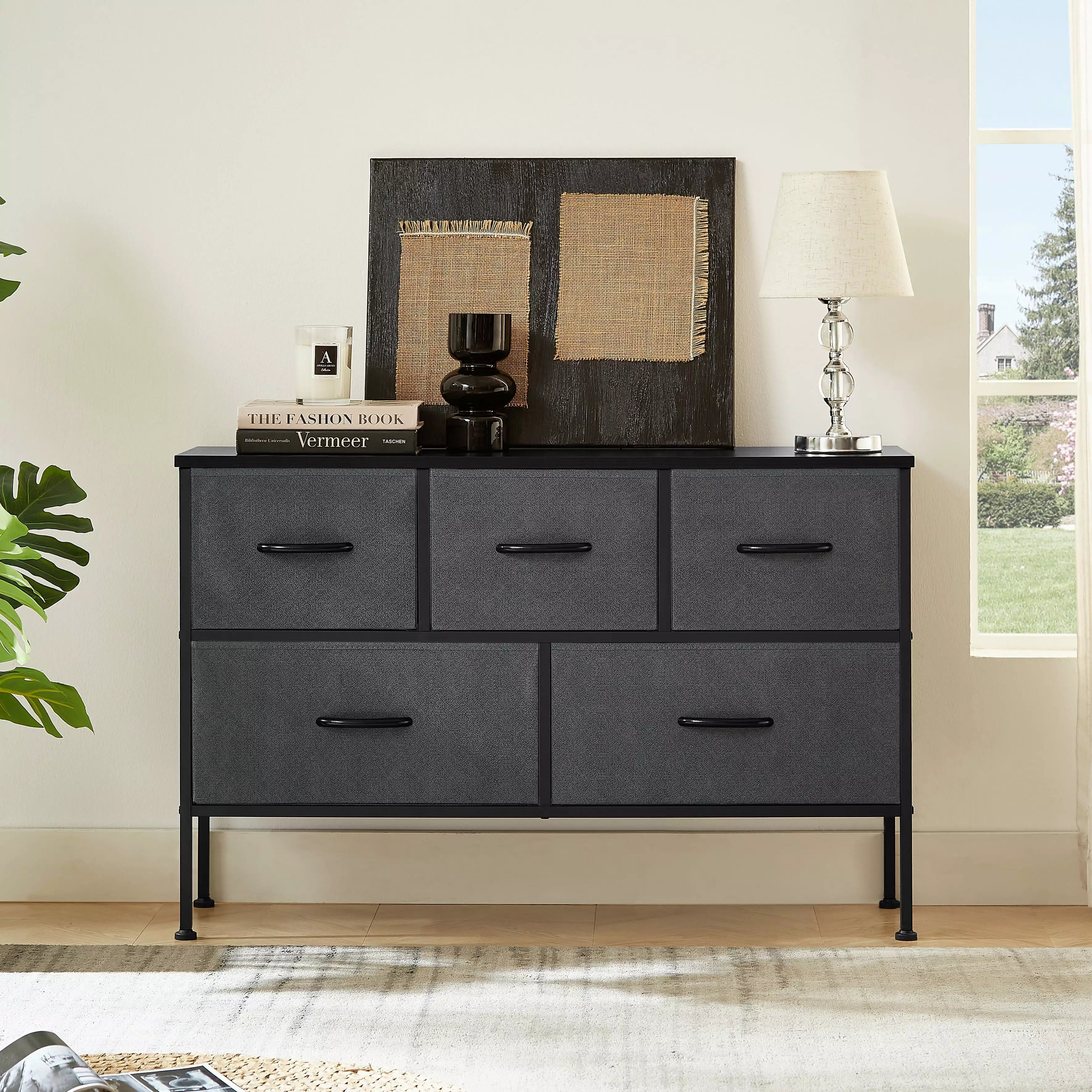 5-Drawer Dresser. Tall Fabric Storage Tower. Wide Chest of Drawers With Wood Top. Storage Organizer Unit with Fabric Bins for Closet. Living Room. Bedroom. Hallway. Entryway. Nursery. Dark Grey