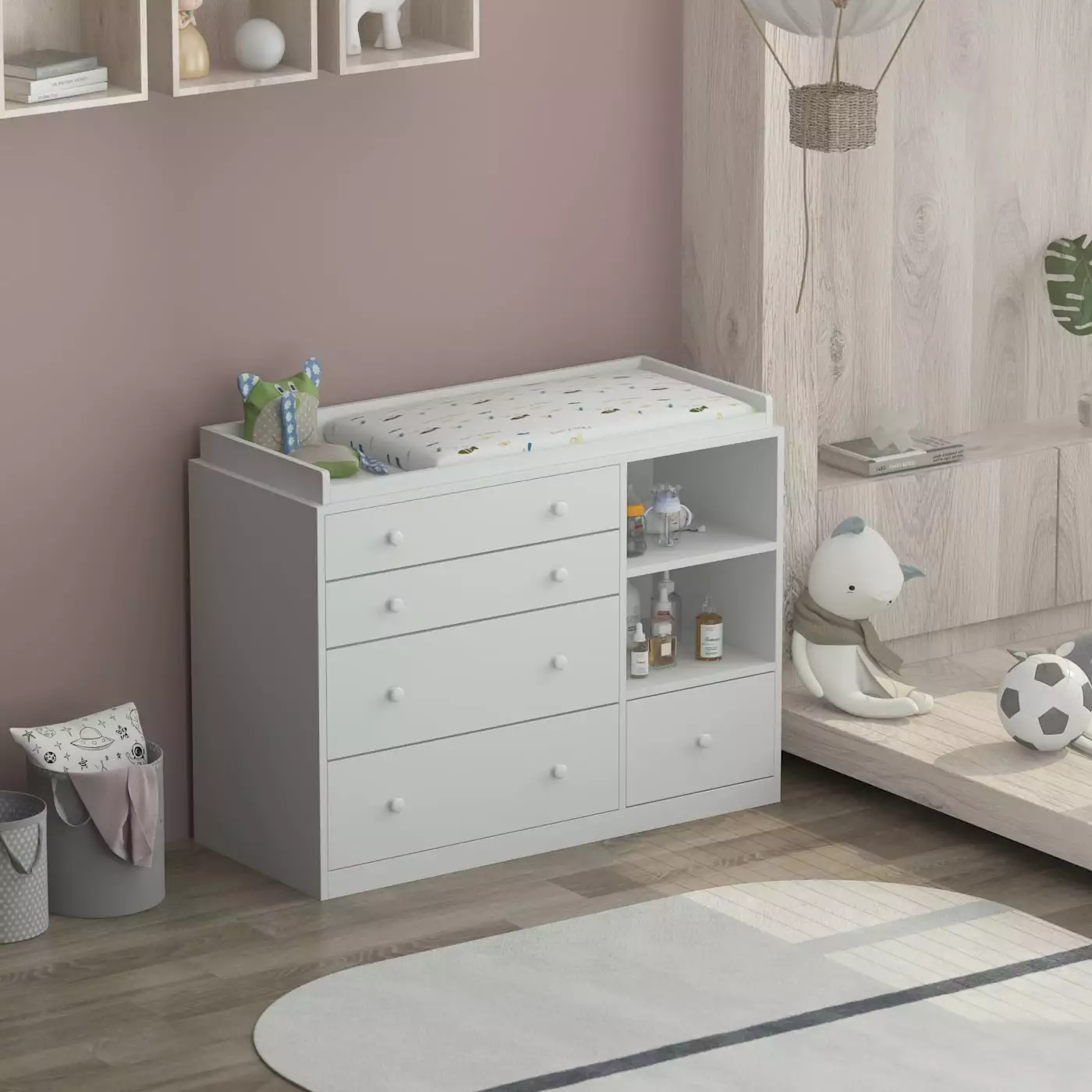 5 Drawer Universal Dresser. Storage Dresser Chest with Open storage compartment. Baby Changing Table Ideal for Nursery. Toddlers and Kids rooms