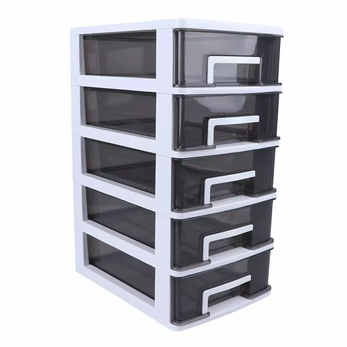 5 Drawer Wide Plastic Storage Tower 12.2 x8.4x5.1 inches Portable Dustproof Desktop Storage Organizer for Adult or Teen (White Frame and Transparent Black)