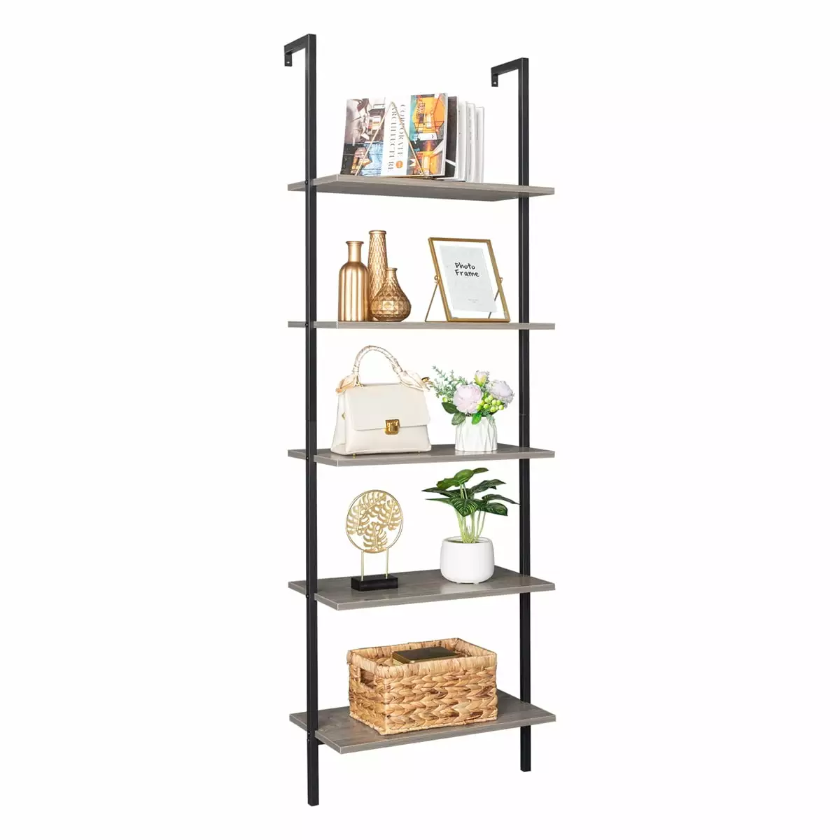 5-Shelf Bookcase Wall Mount Bookshelf Modern Ladder Shelves with Wood Board and Industrial Metal Frame. for Home Office. Living Room. Bedroom. Entryway and Hallway