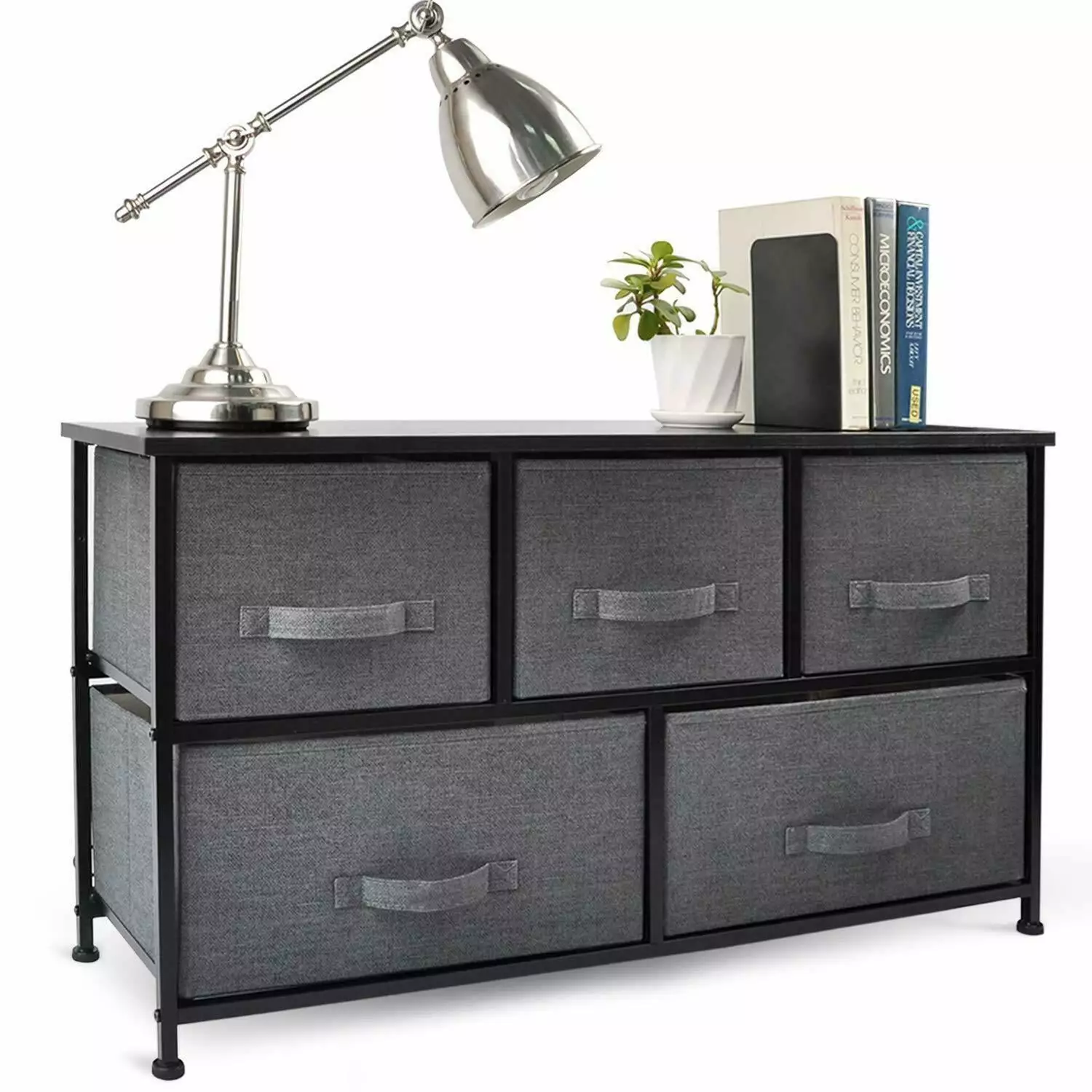 5 Wide Drawers Dresser - Furniture Storage Tower Unit for Bedroom. Hallway. Closet. Office Organization Easy Pull Fabric Bins. Dark Grey