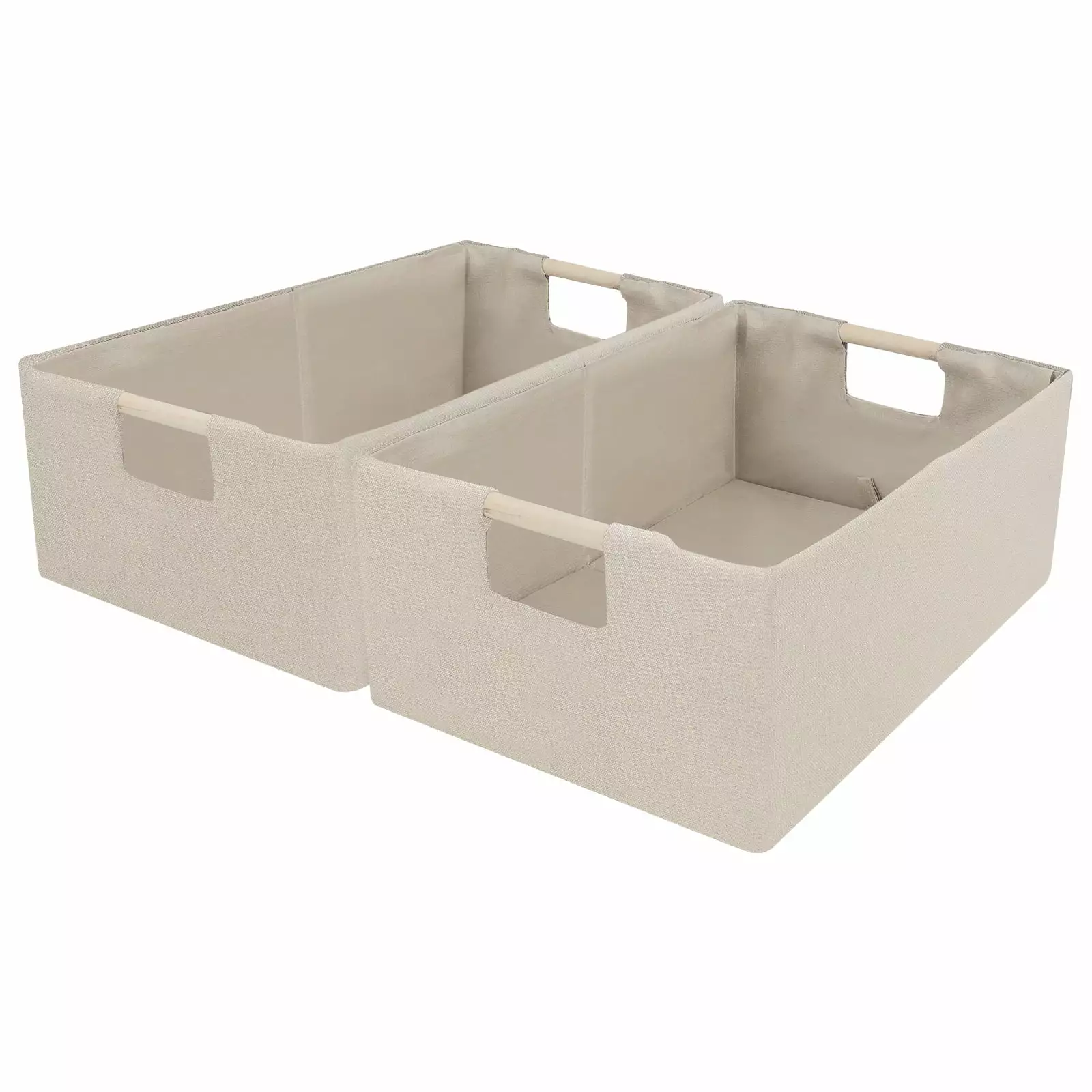 Collapsible Fabric Storage Basket Bin Large Organizer Box w/ Wood Handles. 2 Packs. Large. Beige