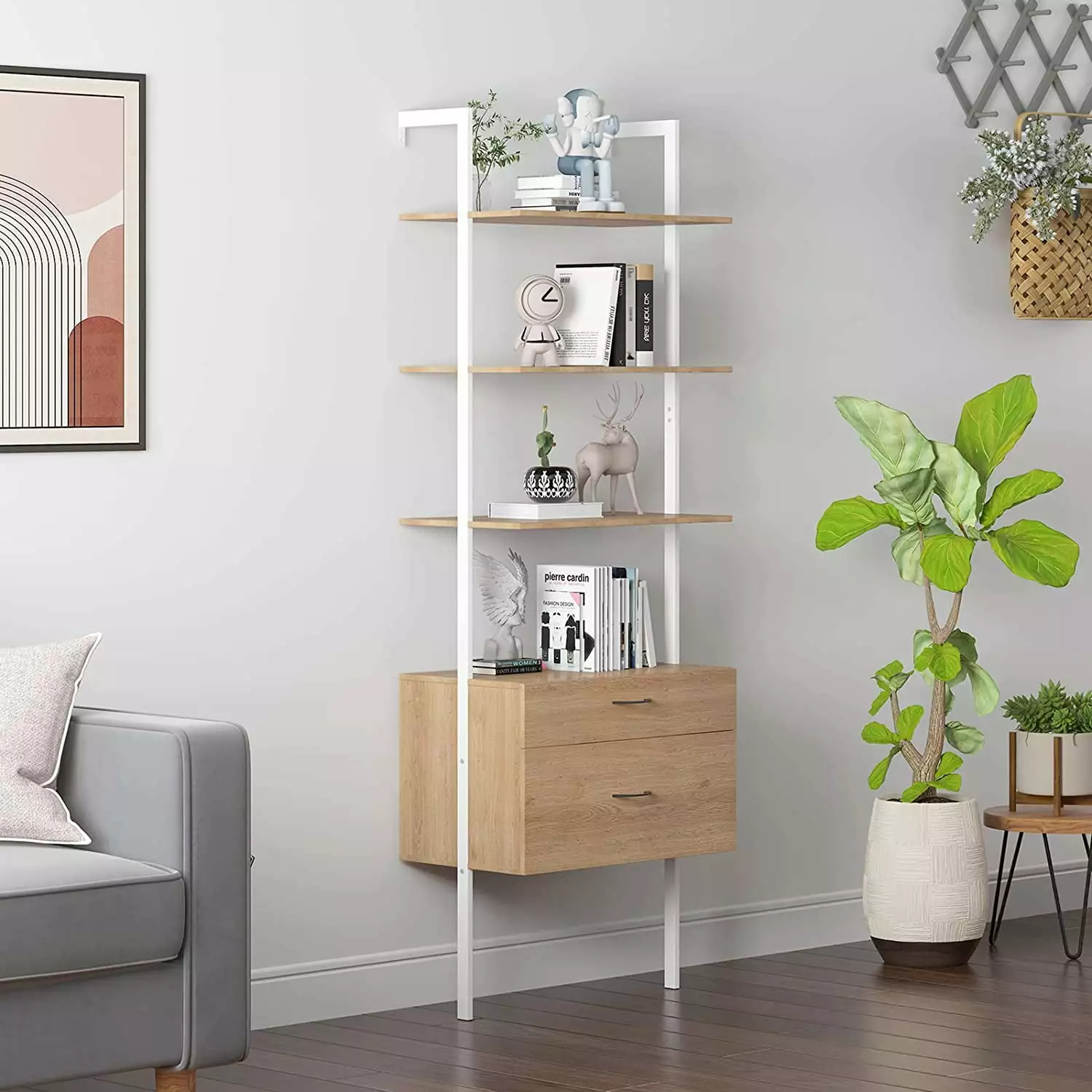 MUZZ Bookshelf with Wood Drawers and Matte Steel Frame for Small Places Bedroom Office Apartment