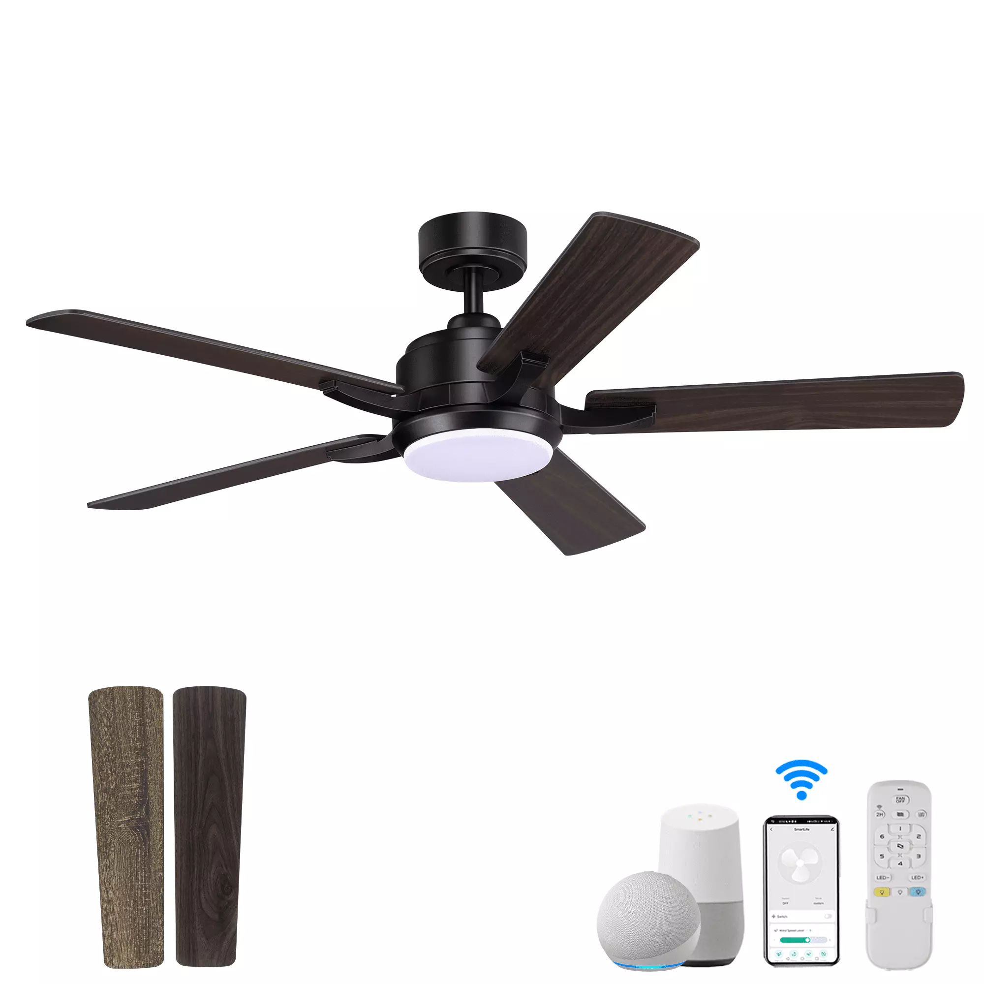 52 Smart Ceiling Fan with Light.5 Blades.Remote Control.Quiet DC Motor.Work with WIFI Alexa App.High CFM 6 Speed.Dimmable LED Light. Suitable for Bedroom. Porch. Terrace