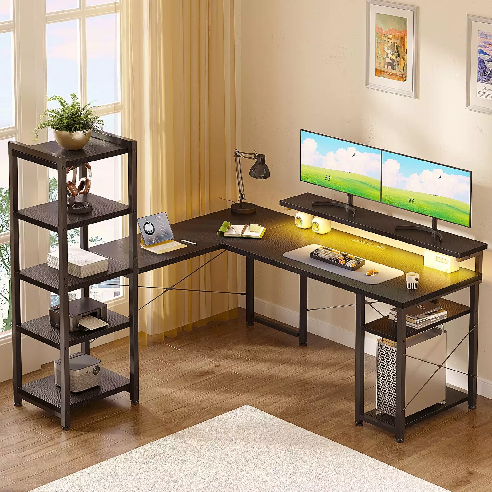 53 inch Reversible L Shaped Corner Desk with Power Outlets & Bookshelf for Home Office. Modern Gaming Desk with LED Lights for Bedroom. Black