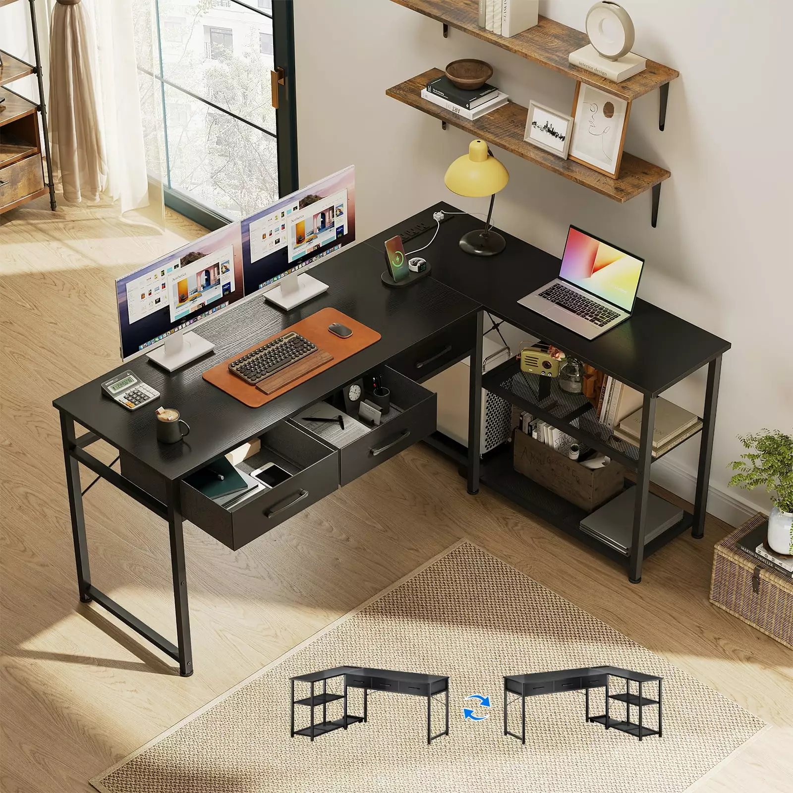 53 inch Reversible Office Desk with Power Outlets & USB Ports. Computer Gaming Desk with 3 Drawers. Writing Table with Storage Space for Bedroom. Black