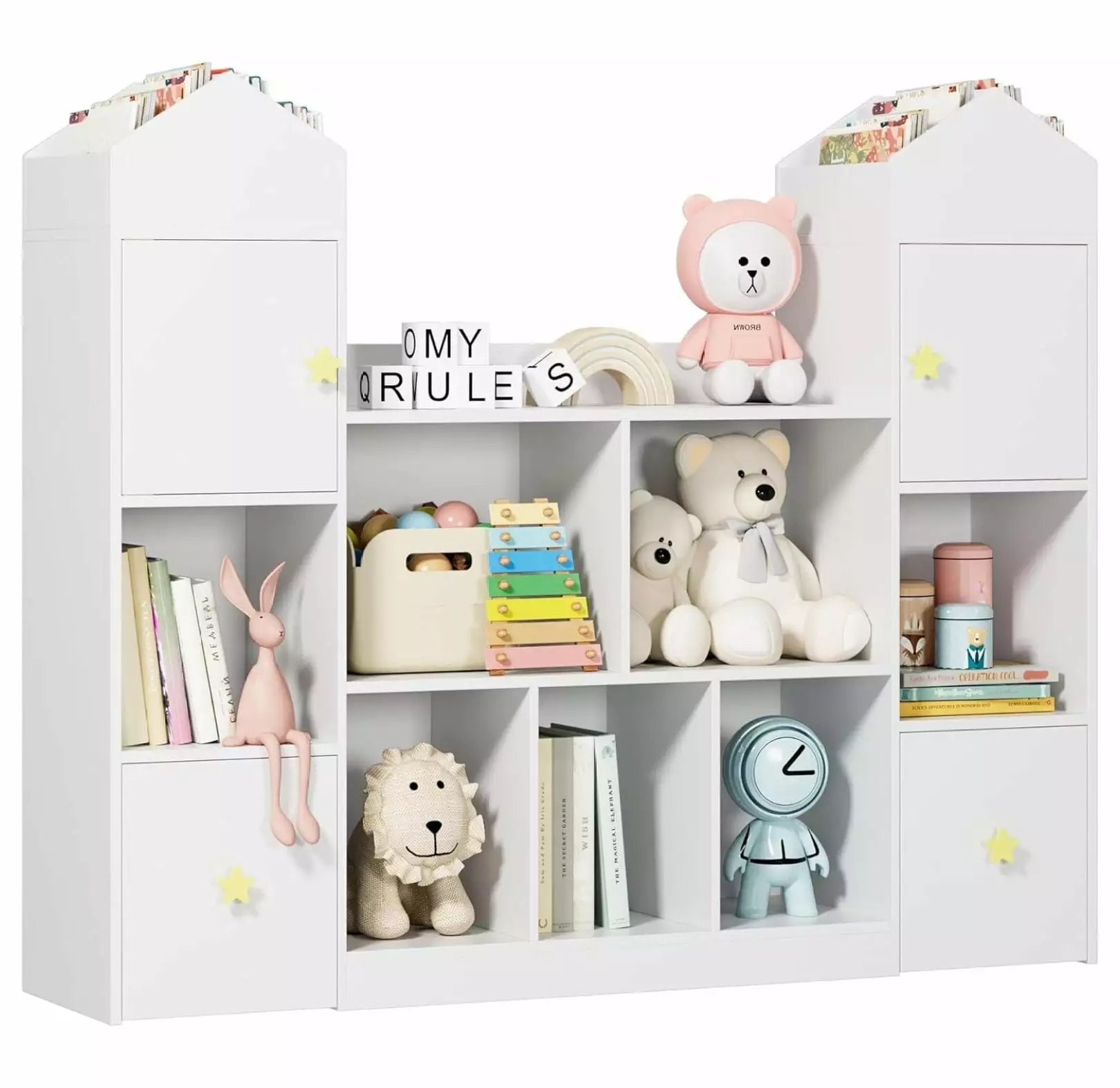 54.5' Toy Storage Organizer. Toy Organizers and Storage Toy Chest with 9 Storage Cubbies and 2 Moveable Drawers. Kids Bookshelf Kids Bookcase with Hidden Wheels for Playroom Bedroom